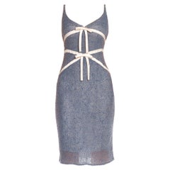 1990S Blue Bias Cut Silk Chiffon & Tulle Cocktail Dress With Satin Bow Details