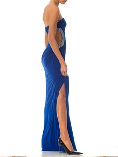 1990S Cobalt Blue Strapless Poly Blend Jersey Gown With Crystal Cut-Out Side