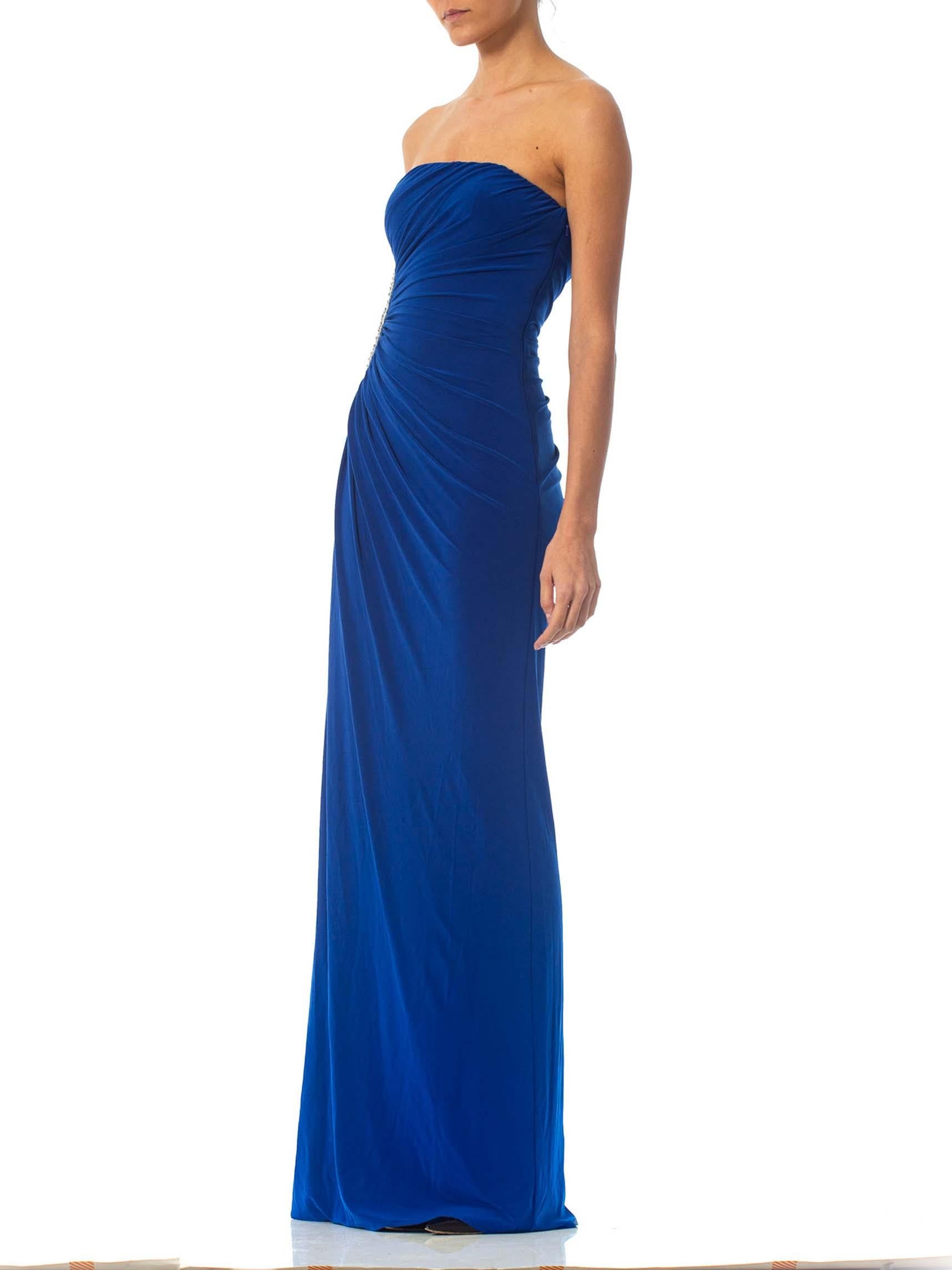 1990S Cobalt Blue Strapless Poly Blend Jersey Gown With Crystal Cut-Out Side In Excellent Condition For Sale In New York, NY