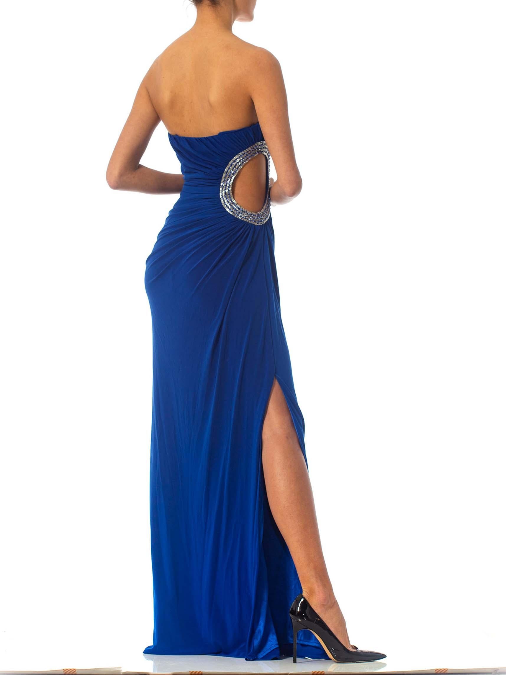 Women's 1990S Cobalt Blue Strapless Poly Blend Jersey Gown With Crystal Cut-Out Side For Sale