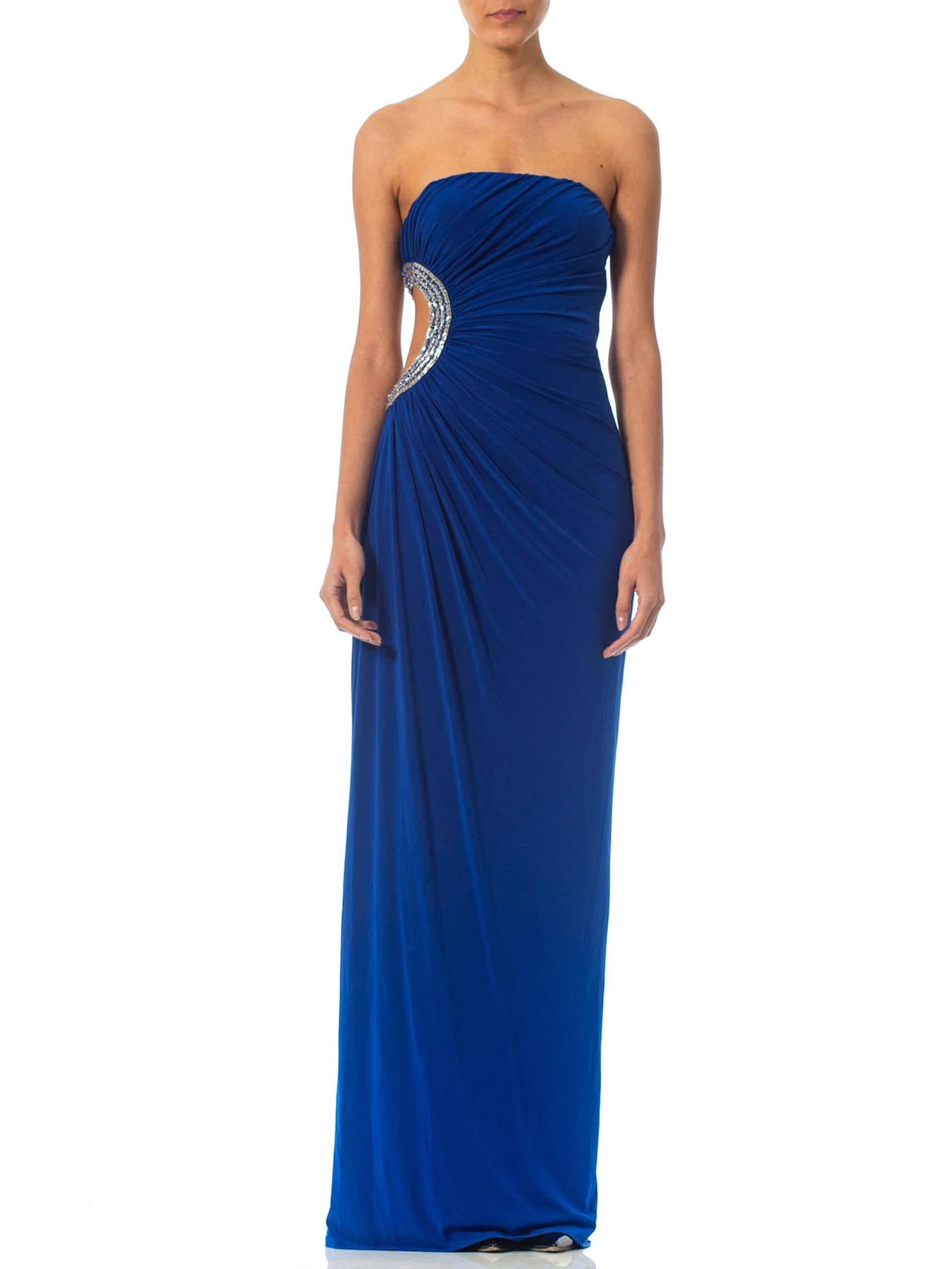 1990S Cobalt Blue Strapless Poly Blend Jersey Gown With Crystal Cut-Out Side For Sale 1