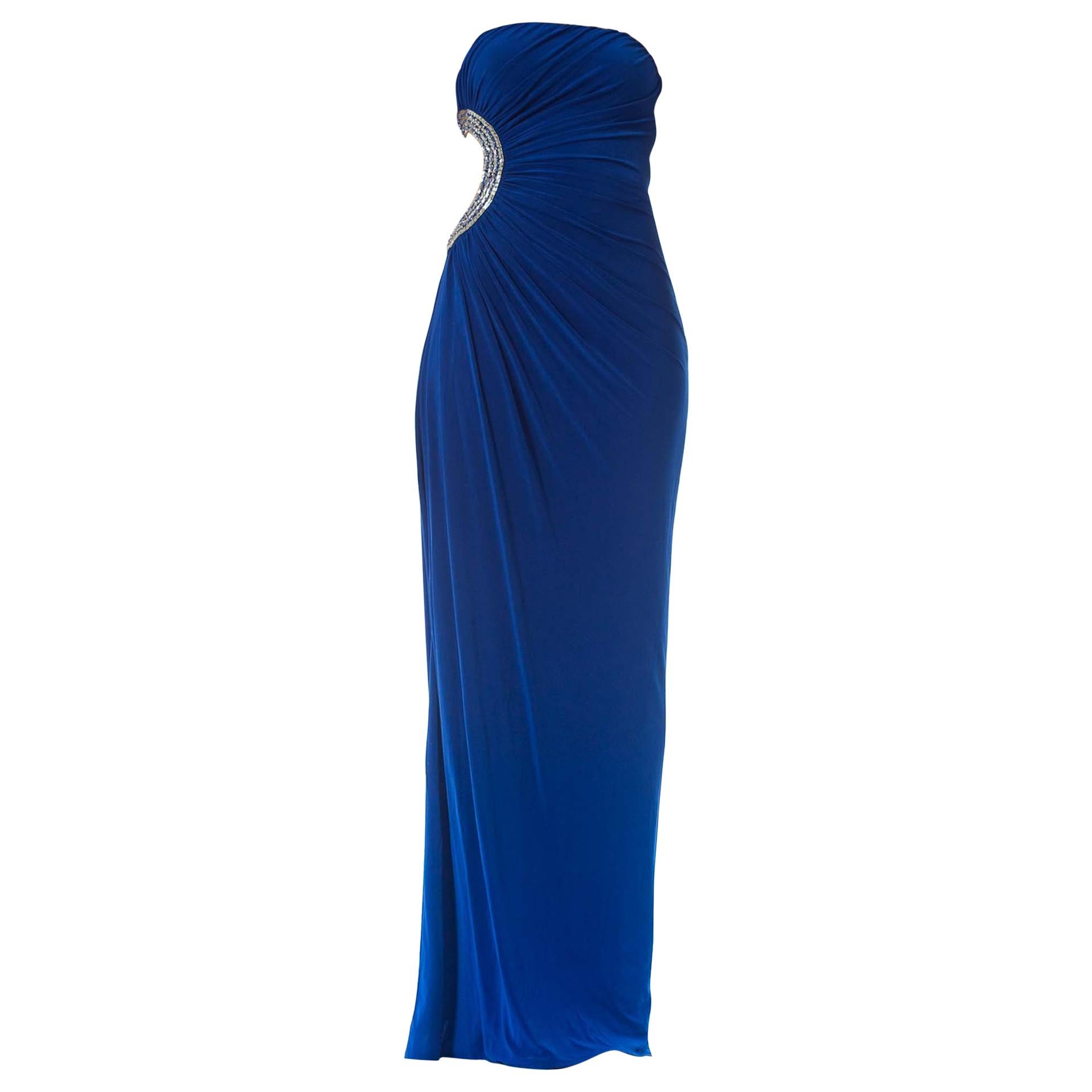 1990S Cobalt Blue Strapless Poly Blend Jersey Gown With Crystal Cut-Out Side For Sale