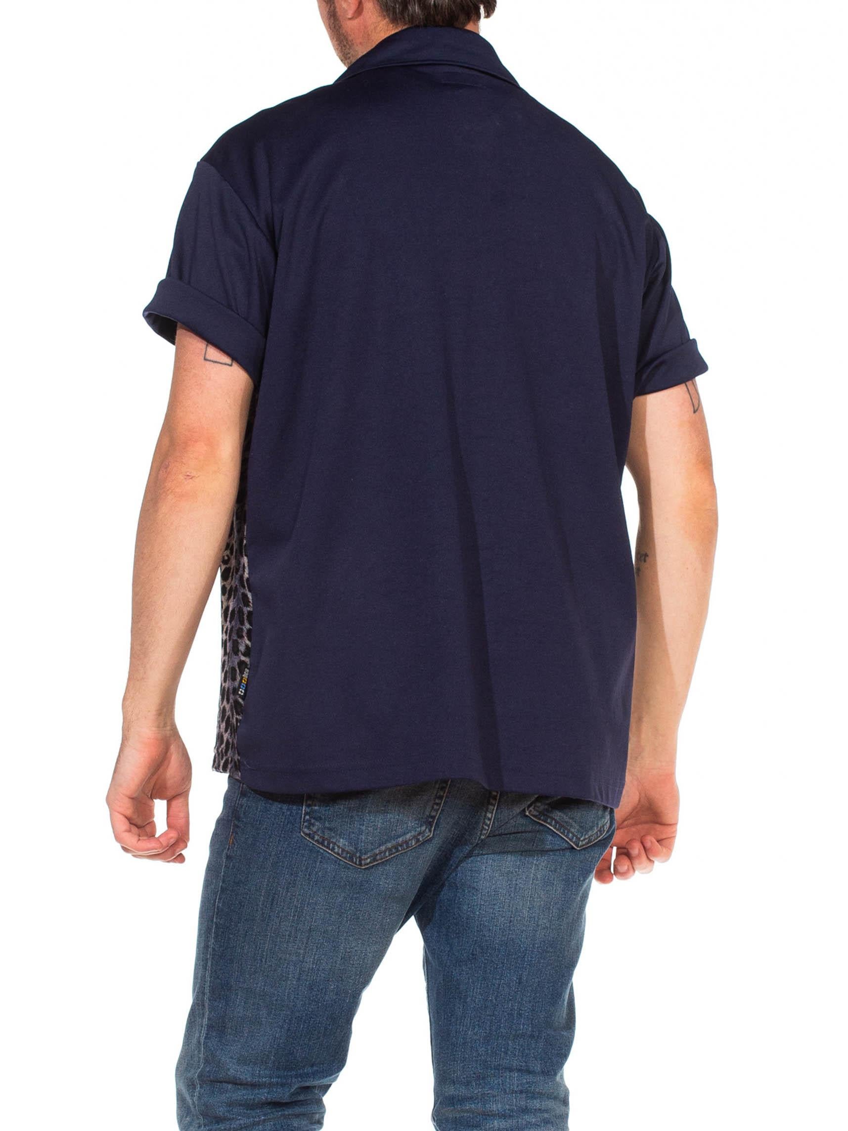 1990S Blue Leopard Print Polyester Knit Rockabilly Men's Club Rave Shirt For Sale 4