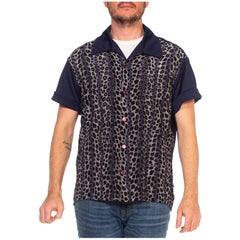 Vintage 1990S Blue Leopard Print Polyester Knit Rockabilly Men's Club Rave Shirt