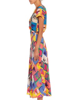 1990S Blue & Orange Silk Chicken Soup Pop Art Bias Cut Ensemble