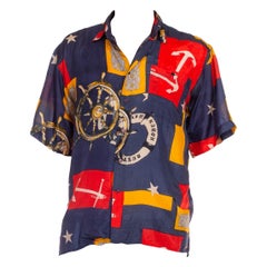 1990S Blue Primary Colors Silk Nautical Printed Shirt Vintage 1990S Blue Primary Colors Silk Nautical Printed Shirt