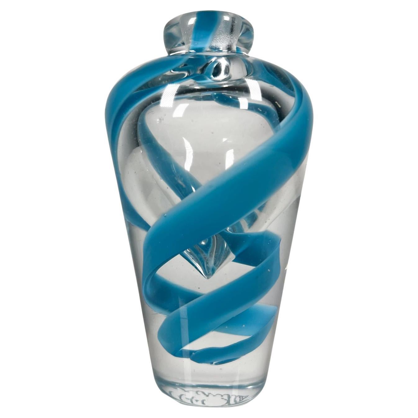 1990s Blue Ribbon Italian Art Glass Murano Swirl Vase signed For Sale