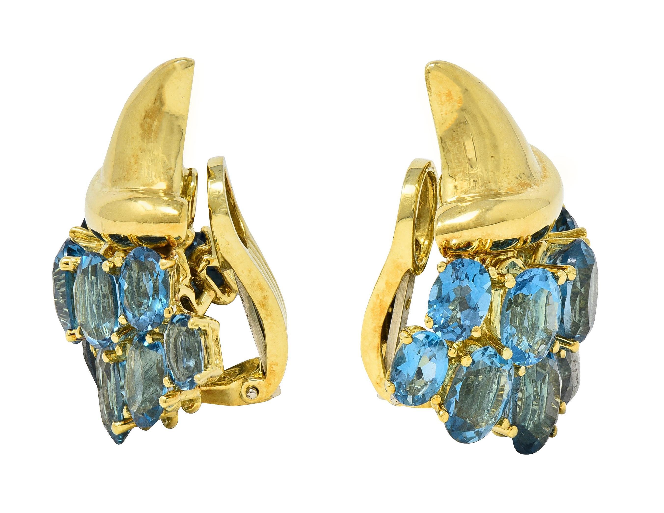 1990er Jahre Blauer Topas 18 Karat Gelbgold Vintage Füllhorn Ohr-Clip-Ohrringe (Ovalschliff) im Angebot