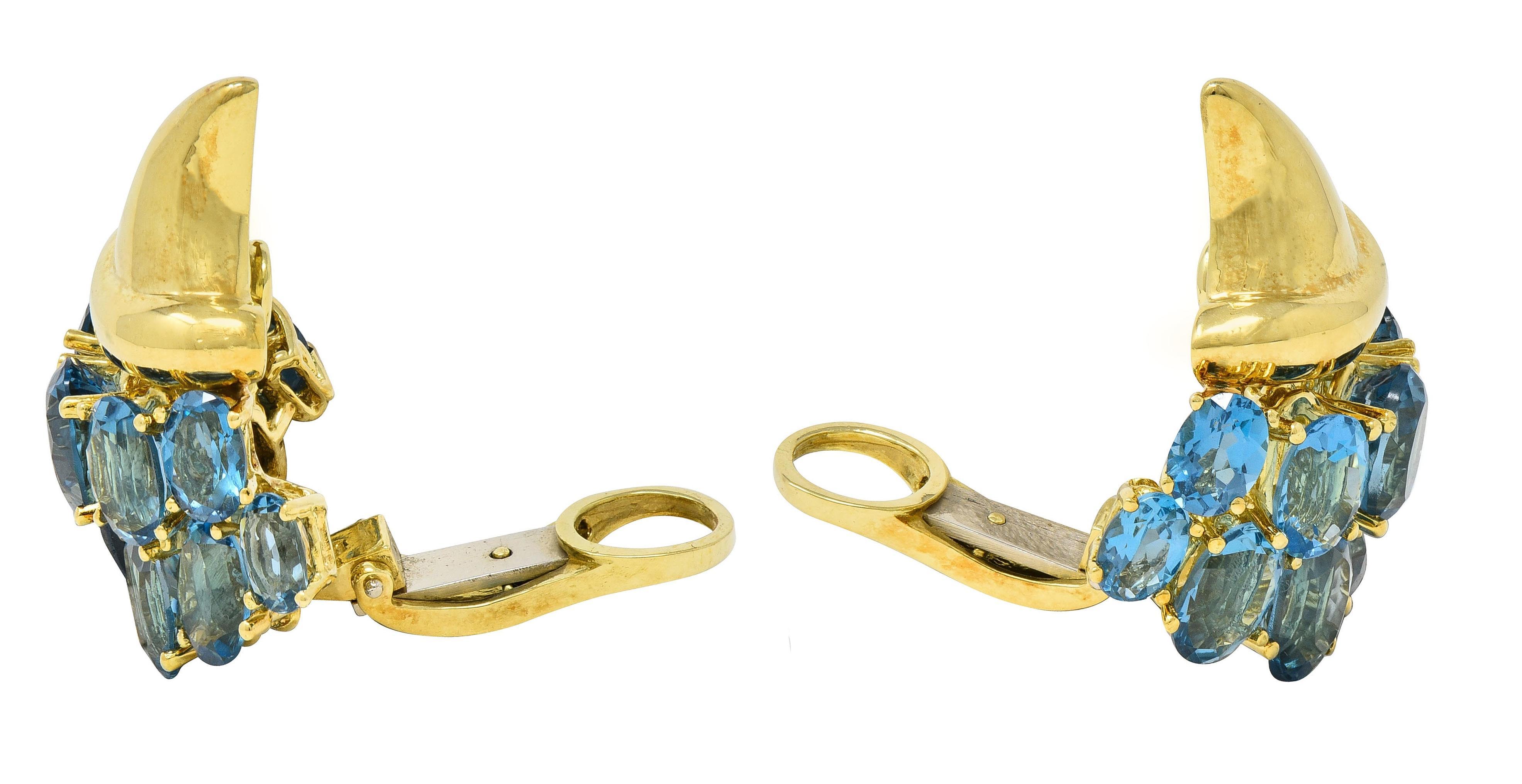 1990er Jahre Blauer Topas 18 Karat Gelbgold Vintage Füllhorn Ohr-Clip-Ohrringe im Angebot 1