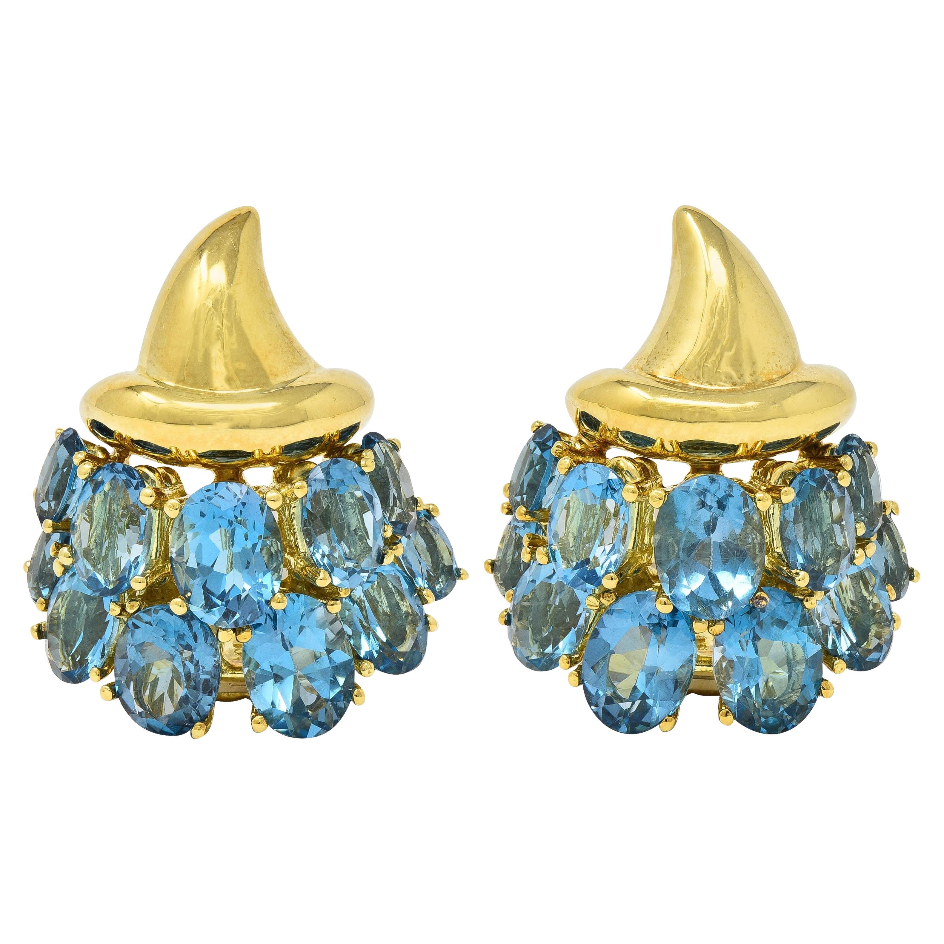 1990's Blue Topaz 18 Karat Yellow Gold Vintage Cornucopia Ear-Clip Earrings