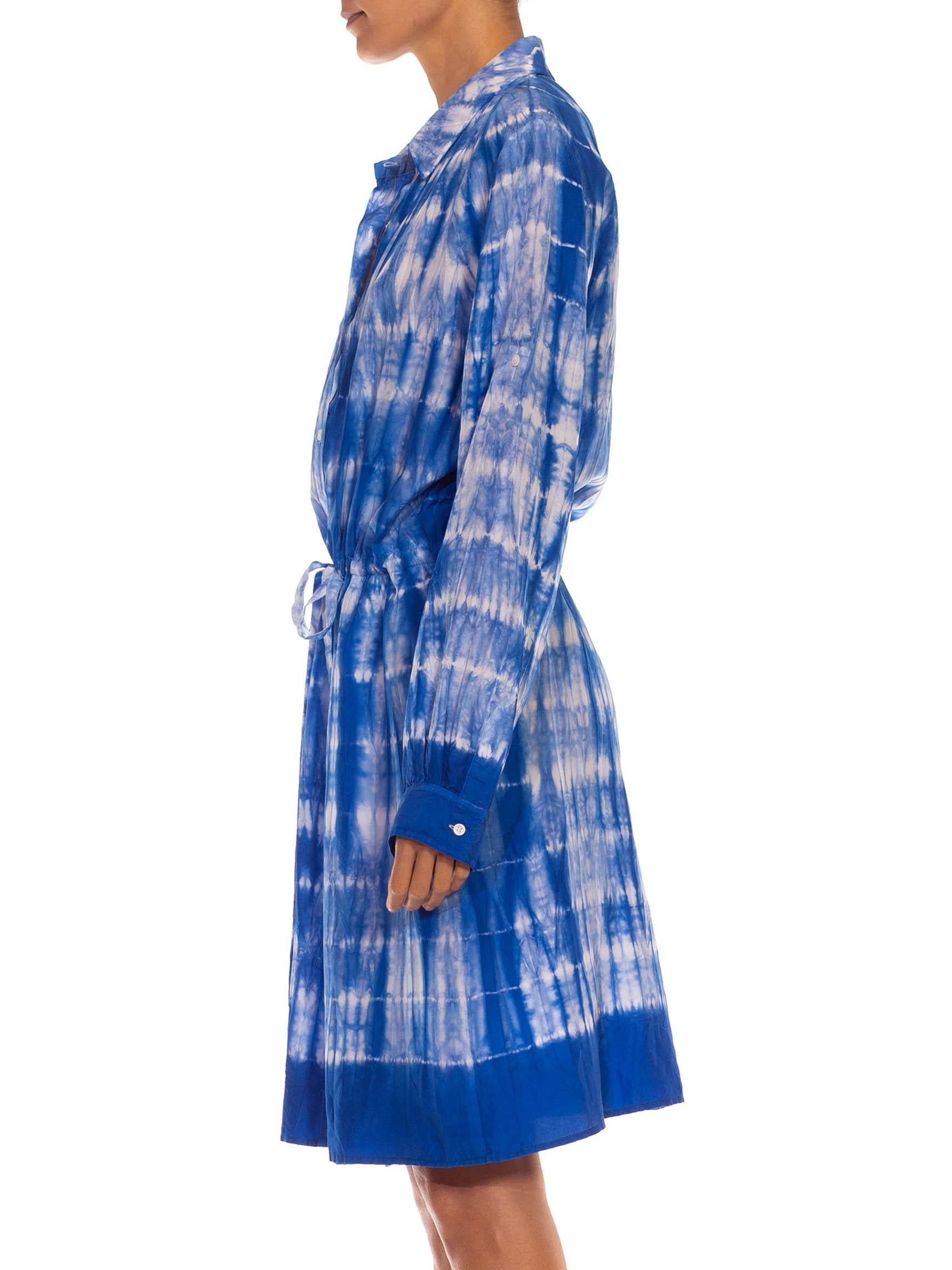 Verstellbare Taille 1990S Blau & Weiß Seide Tie Dye Kleid 