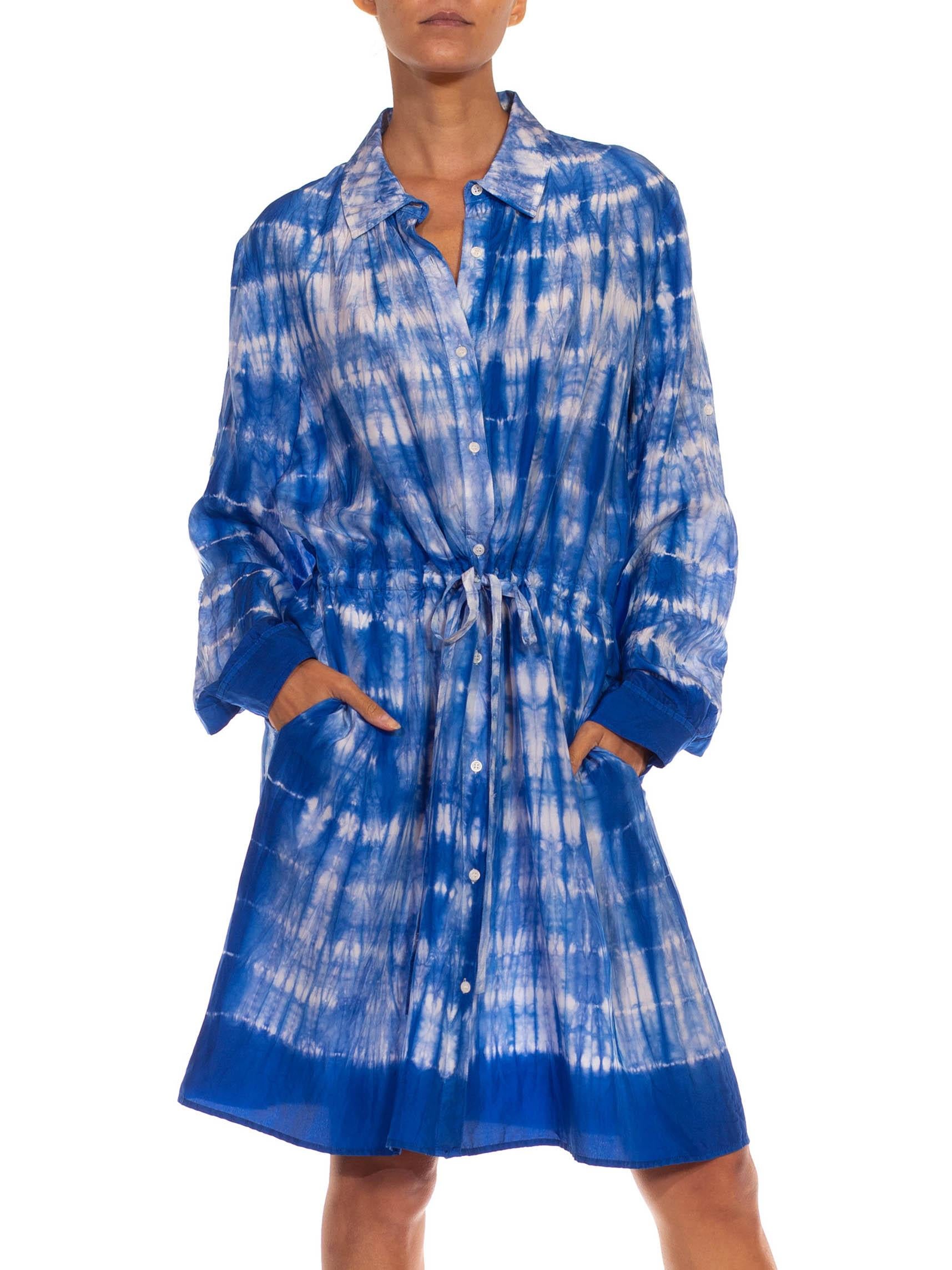 1990S Blue & White Silk Tie Dye Dress 1