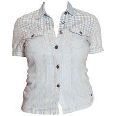 Vintage 1990S Blue & White Super Soft Cotton Plaid Denim Short Sleeve Shirt