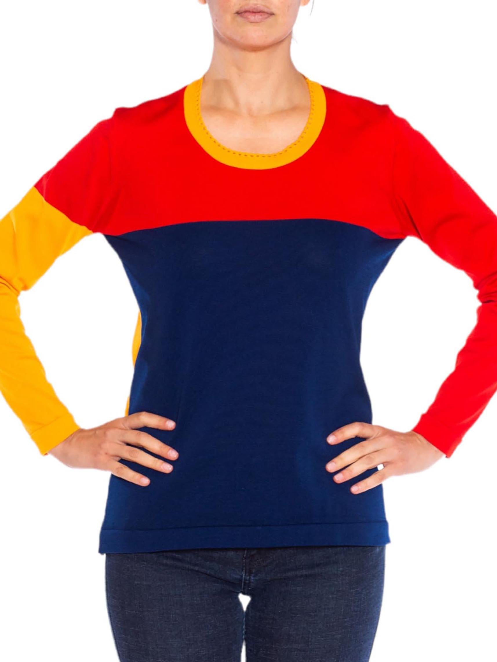 1990S Blue Yellow & Red Colorblock Long Sleeve  Top For Sale 1