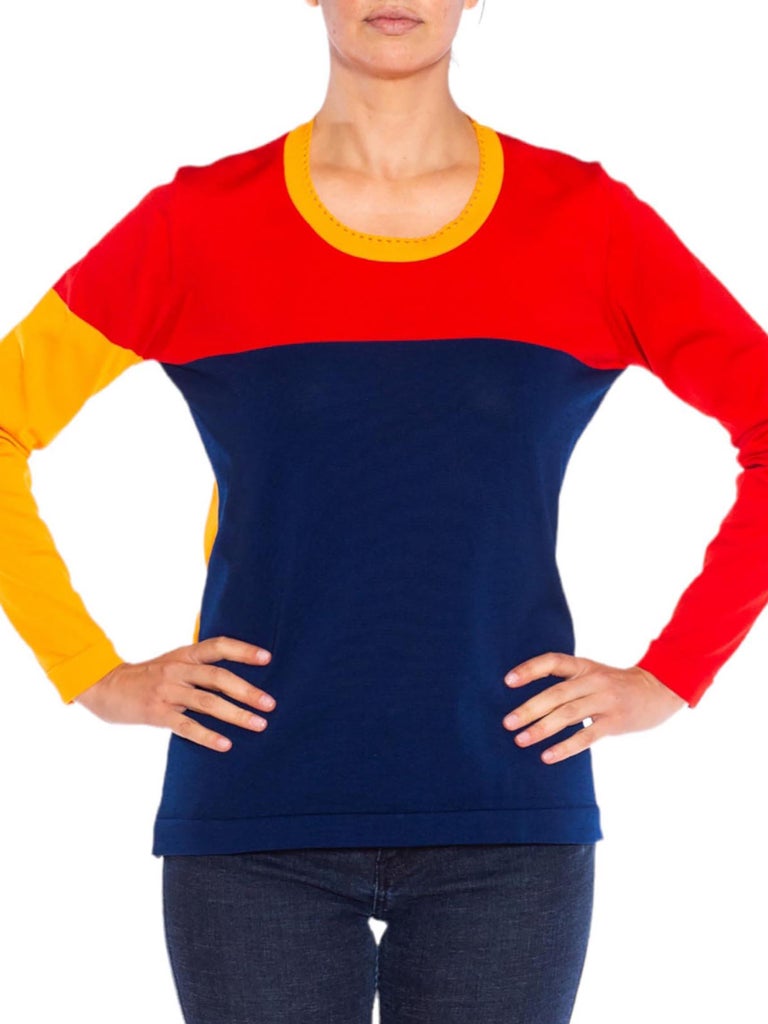 1990S Blue Yellow and Red Colorblock Long Sleeve Top For Sale at 1stDibs