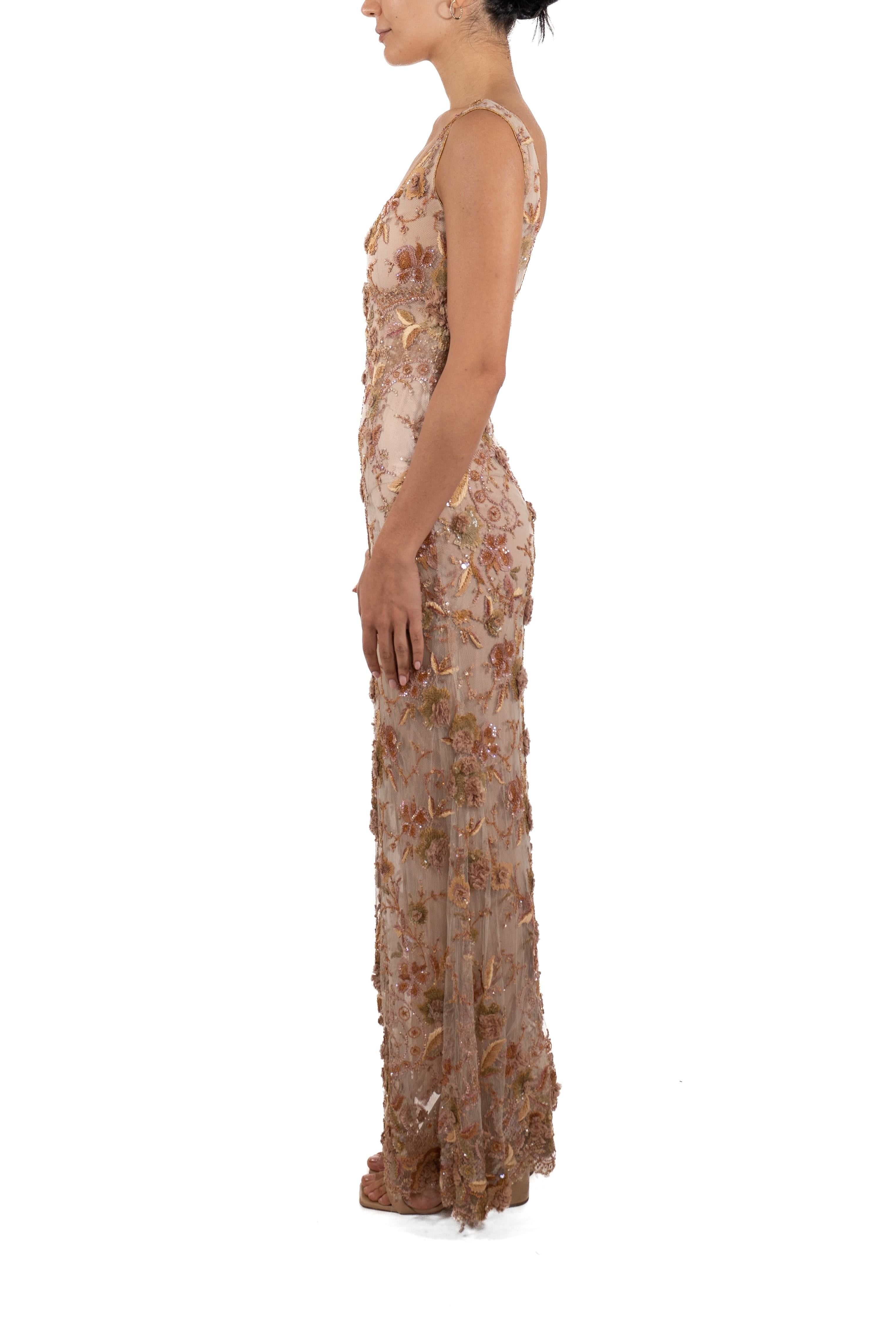 This gown retains no label, however the amount of hand-finishing points to Haute Couture or custom made quality, fully lined in silk. 1990S Blush Pink & Beige Silk Chiffon Fully Beaded Embroidered Chantilly Lace Gown 