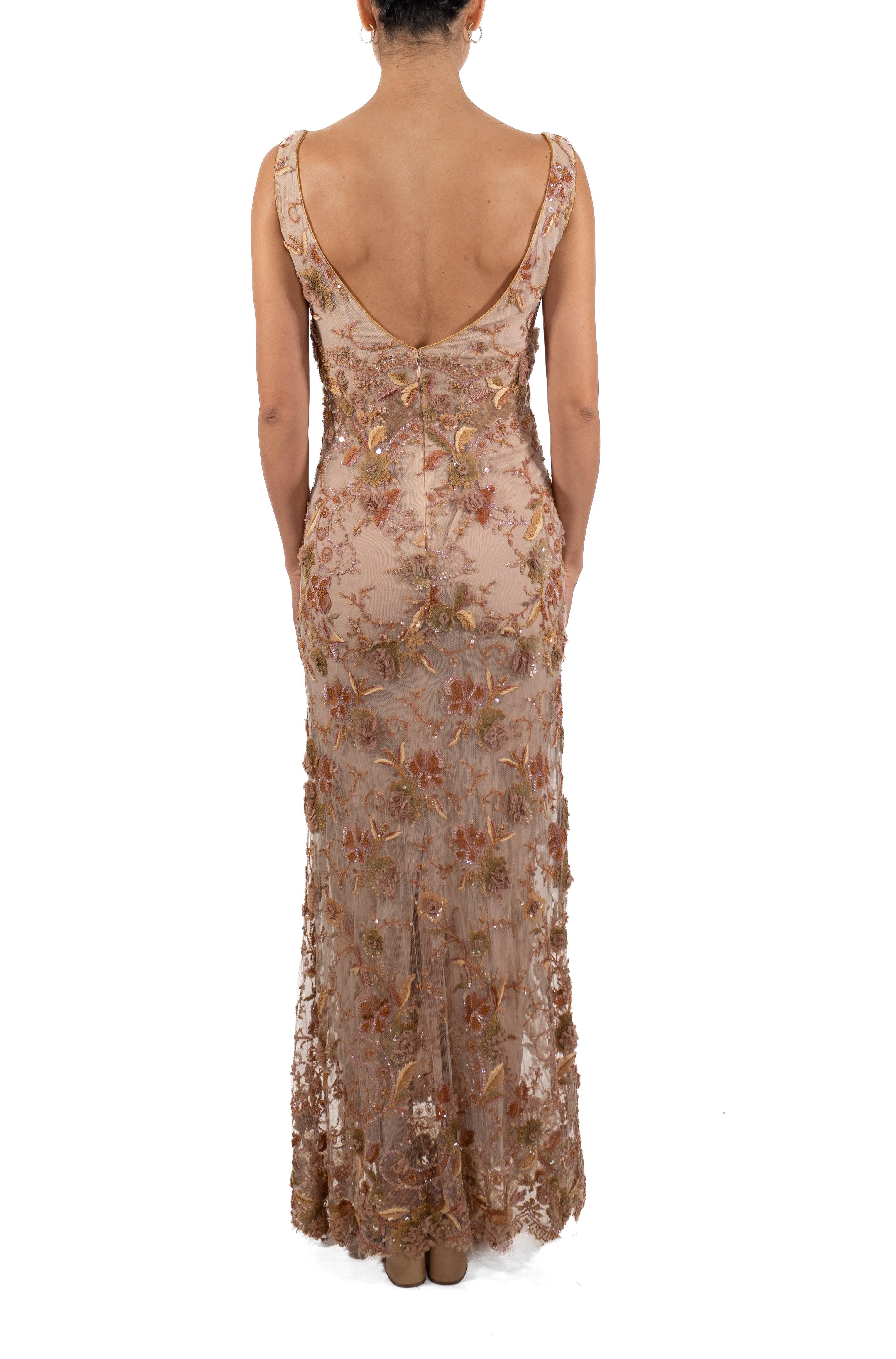 Women's 1990S Blush Pink & Beige Silk Chiffon Fully Beaded Embroidered Chantilly Lace G For Sale