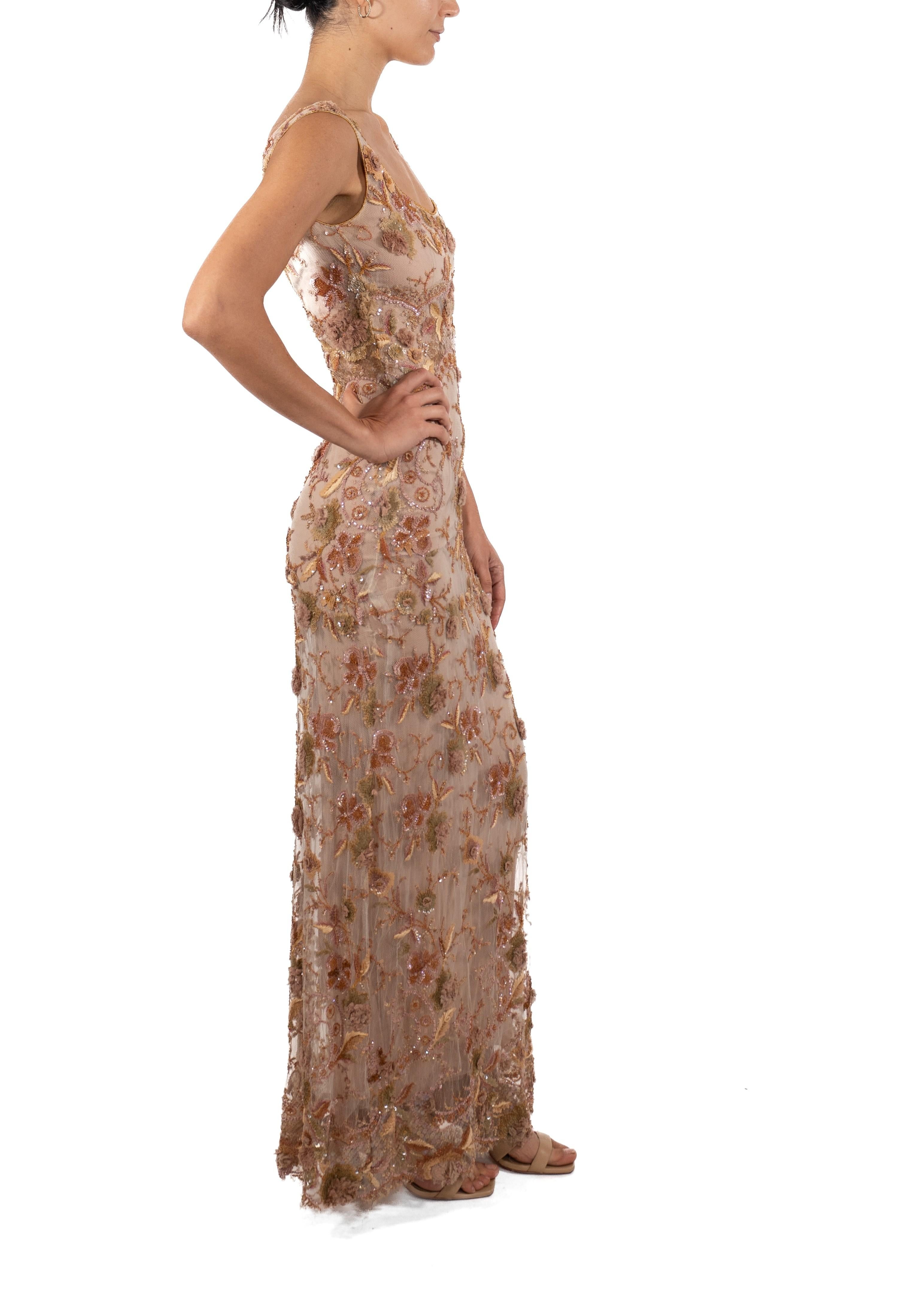 1990S Blush Pink & Beige Silk Chiffon Fully Beaded Embroidered Chantilly Lace G For Sale 1