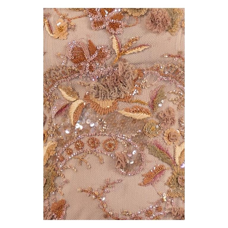 1990S Blush Pink & Beige Silk Chiffon Fully Beaded Embroidered Chantilly Lace G For Sale 4