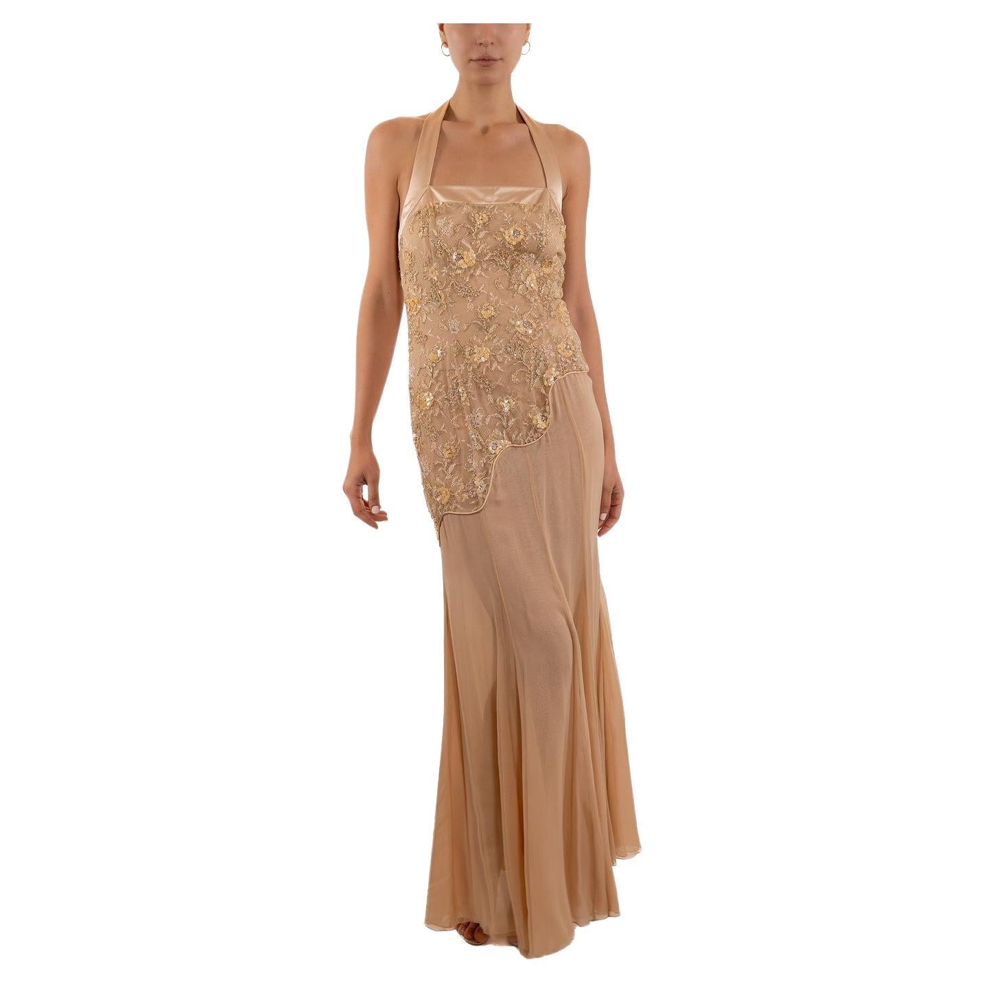 Brown 1990S Blush Pink Silk Chiffon & Metallic Beaded Chantilly Lace Halter Neck Gown For Sale