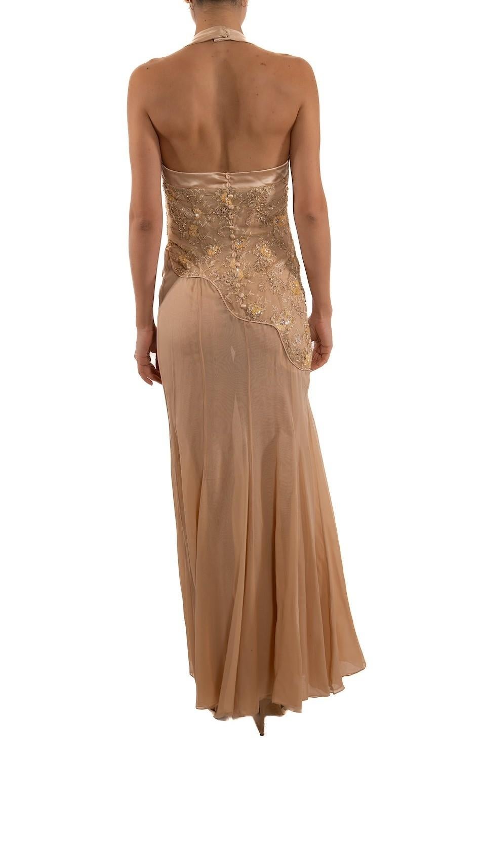 Women's 1990S Blush Pink Silk Chiffon & Metallic Beaded Chantilly Lace Halter Neck Gown For Sale