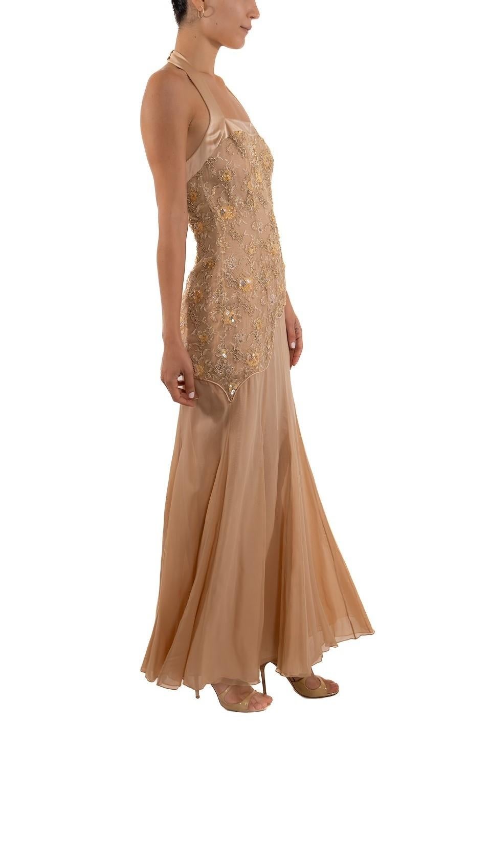 1990S Blush Pink Silk Chiffon & Metallic Beaded Chantilly Lace Halter Neck Gown For Sale 1