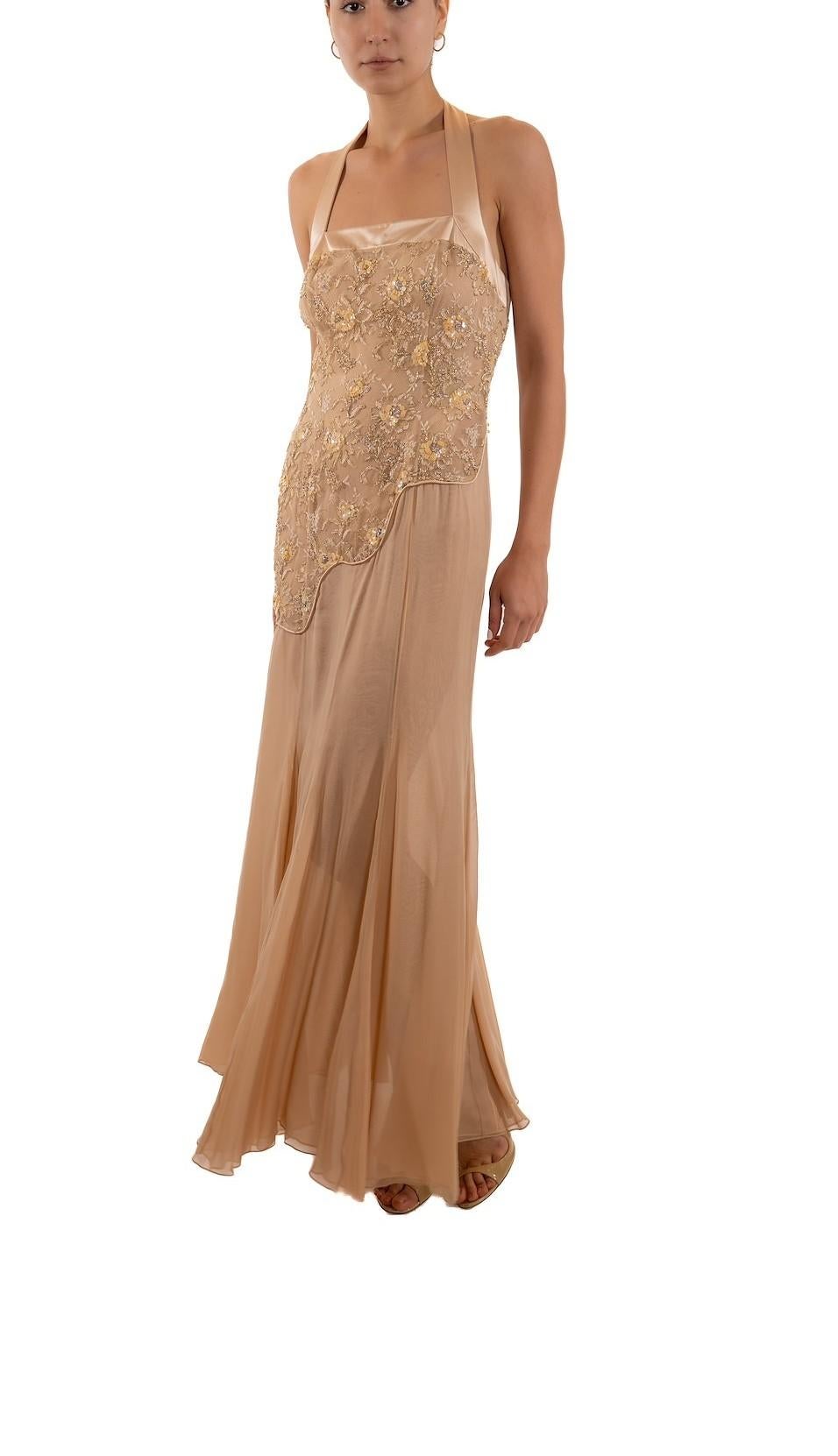 1990S Blush Pink Silk Chiffon & Metallic Beaded Chantilly Lace Halter Neck Gown For Sale 2