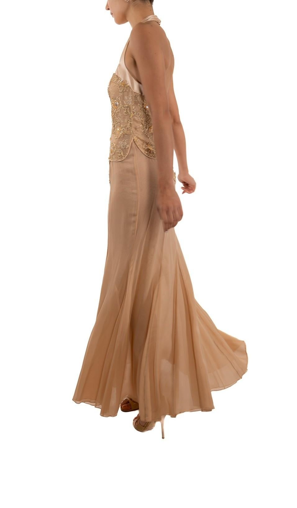 1990S Blush Pink Silk Chiffon & Metallic Beaded Chantilly Lace Halter Neck Gown For Sale 4
