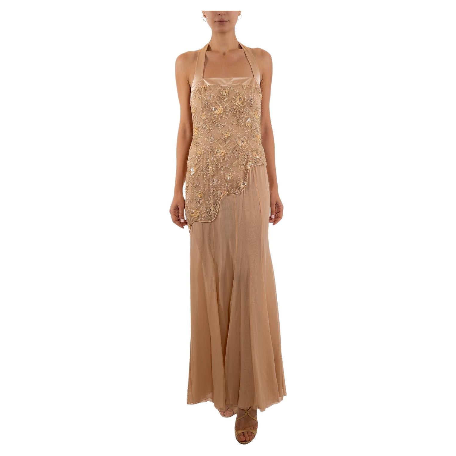 1990S Blush Pink Silk Chiffon & Metallic Beaded Chantilly Lace Halter Neck Gown For Sale