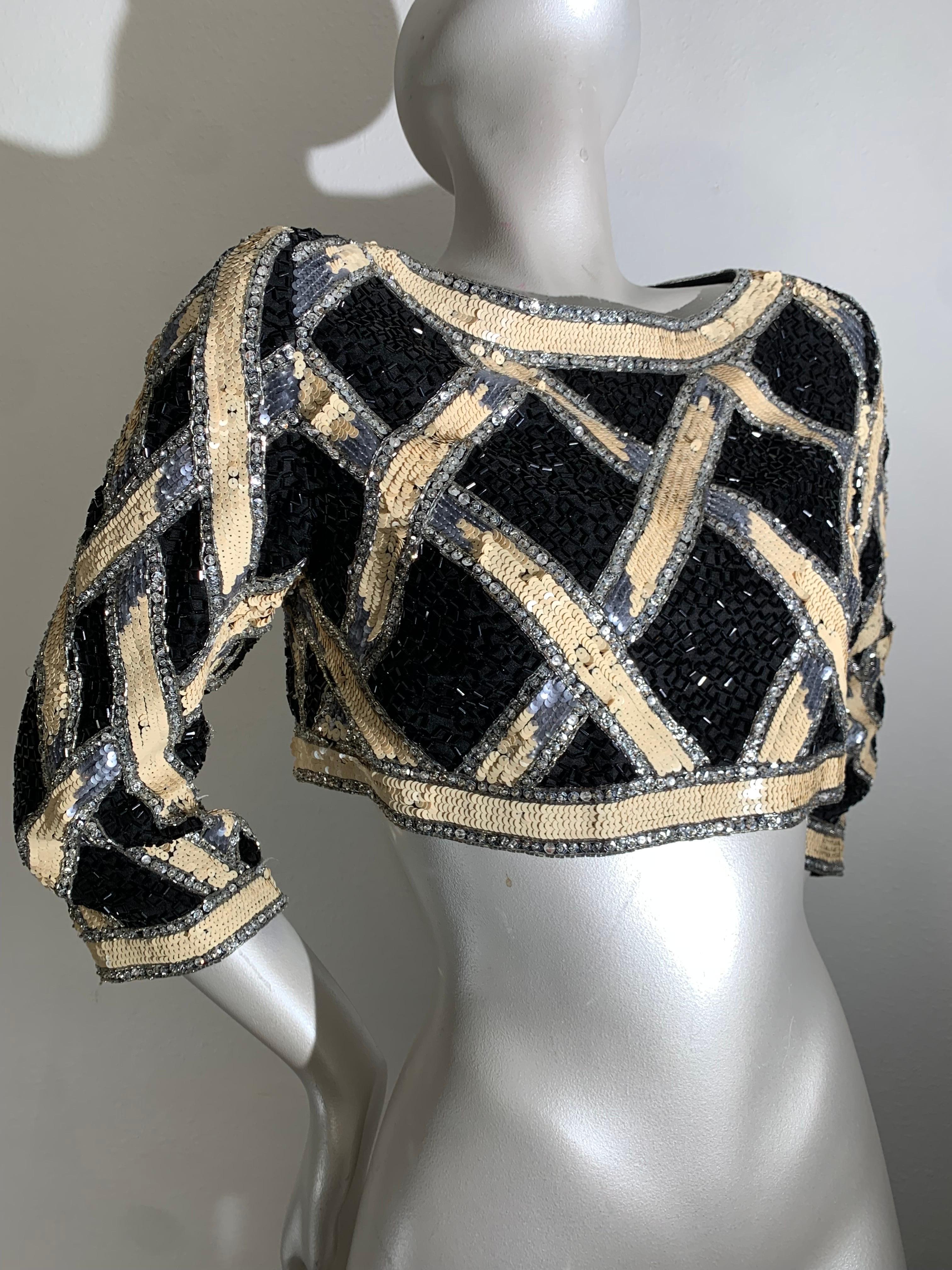1990s Bob Mackie Beaded and Sequin Lattice Pattern Evening Cropped Bolero Jacket 5