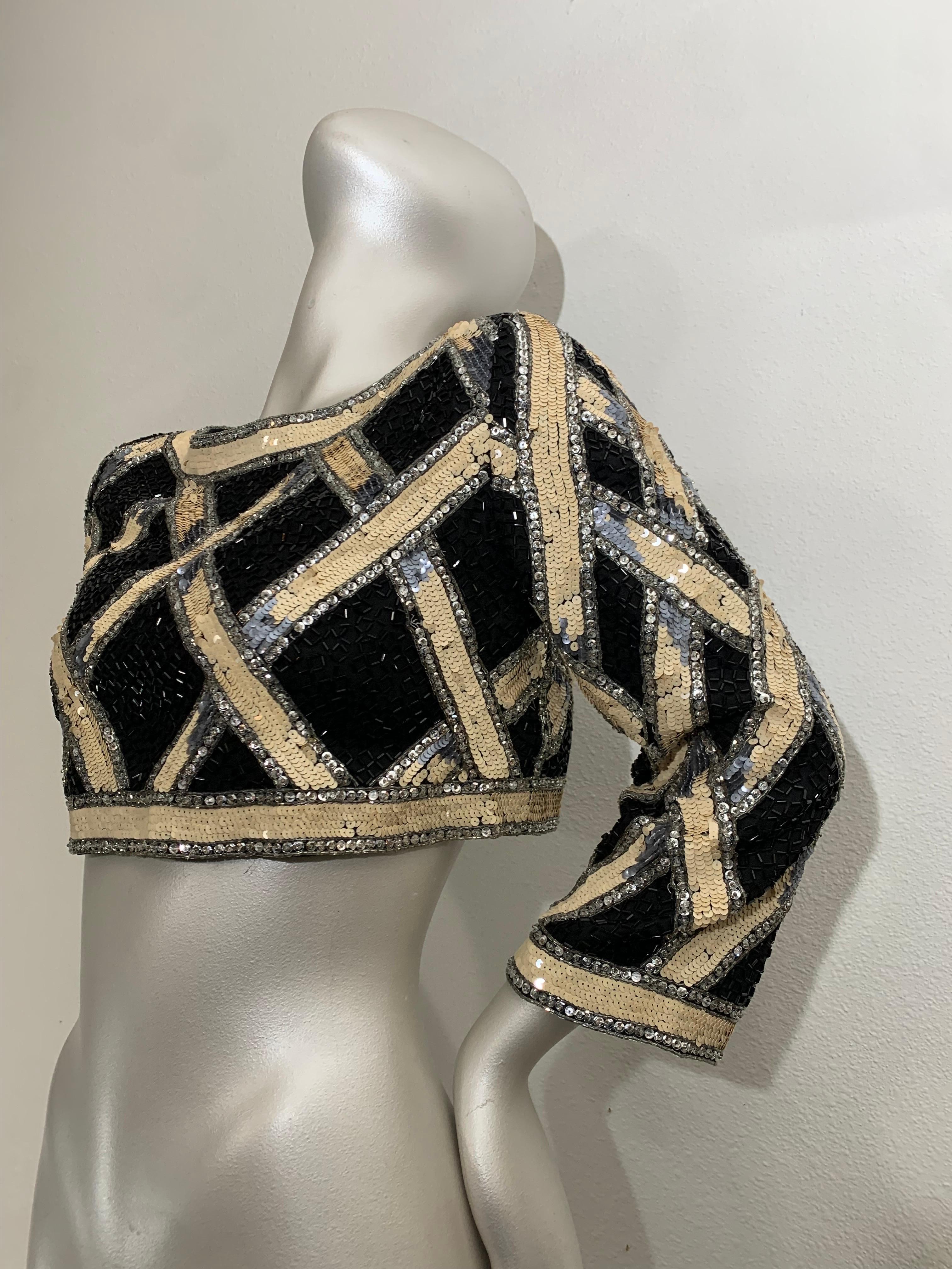 Gray 1990s Bob Mackie Beaded and Sequin Lattice Pattern Evening Cropped Bolero Jacket