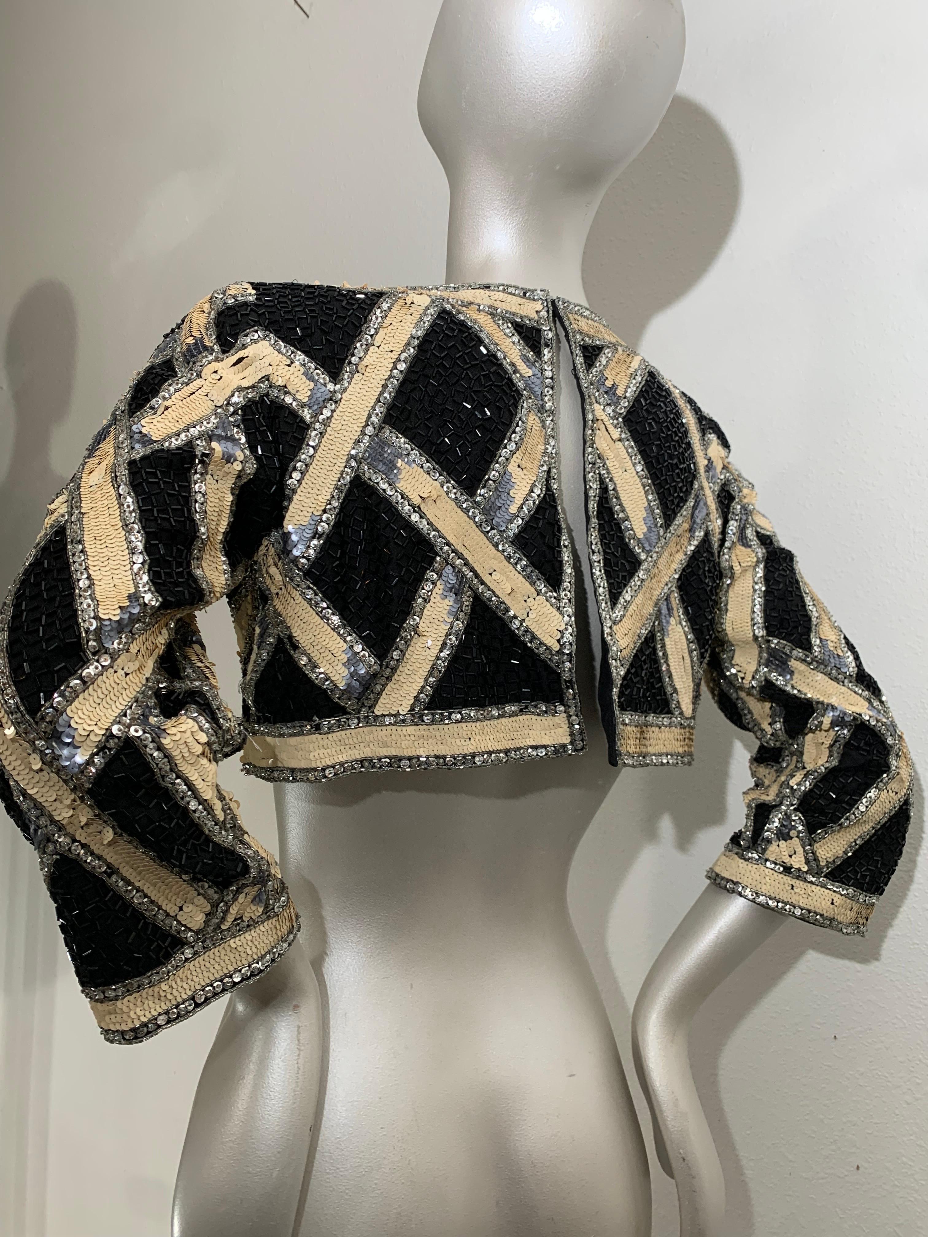 Women's 1990s Bob Mackie Beaded and Sequin Lattice Pattern Evening Cropped Bolero Jacket