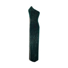 1990s Bob Mackie Black and Green Striped Beaded Strapless Gown