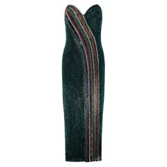 1990s Bob Mackie Black and Green Striped Beaded Strapless Gown