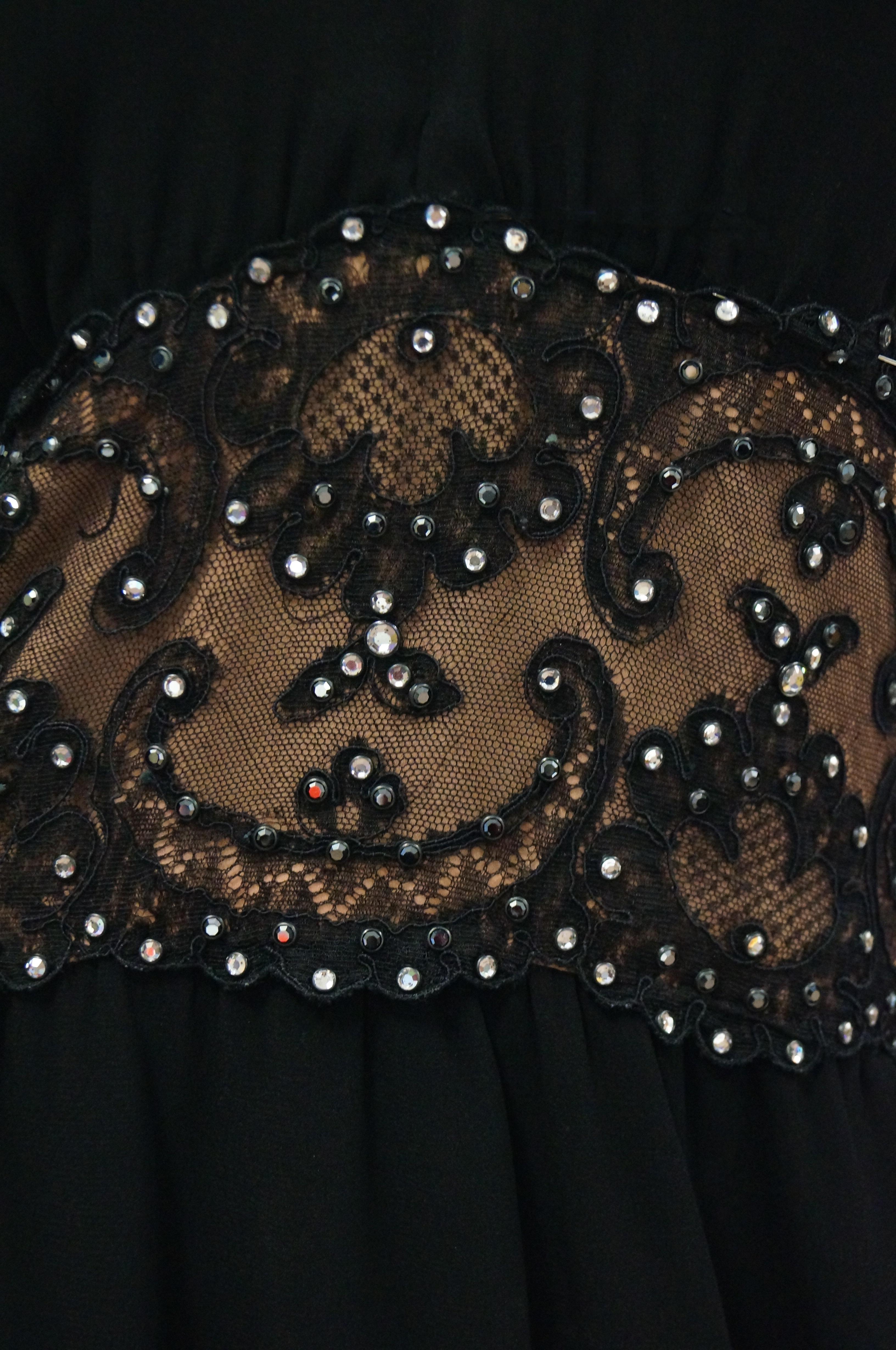 1990s Bob Mackie Black Silk, Lace, and Rhinestone Cocktail Dress In Excellent Condition For Sale In Houston, TX