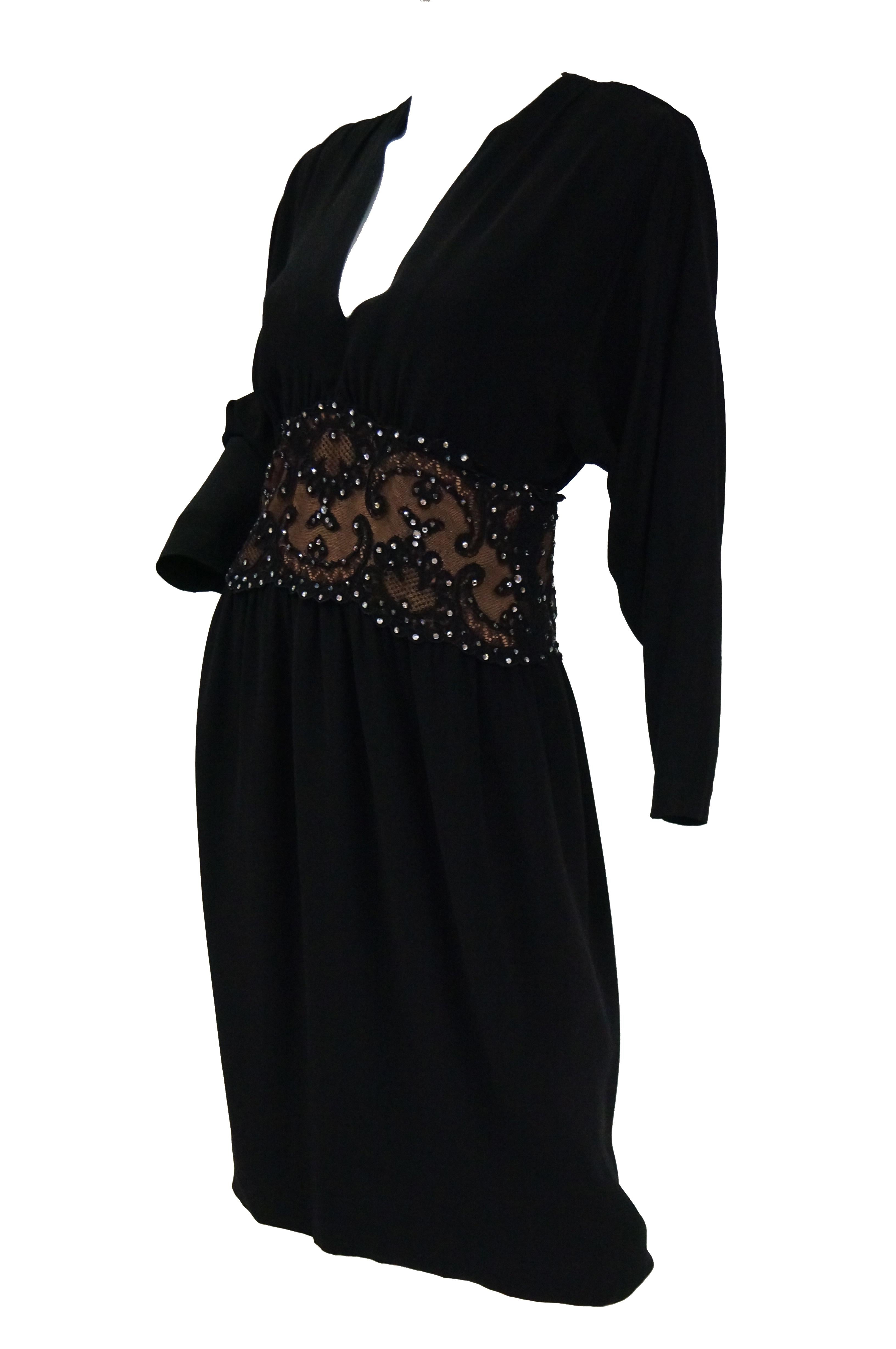 1990s Bob Mackie Black Silk, Lace, and Rhinestone Cocktail Dress For Sale 1