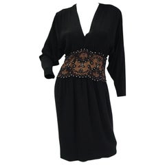 Retro 1990s Bob Mackie Black Silk, Lace, and Rhinestone Cocktail Dress