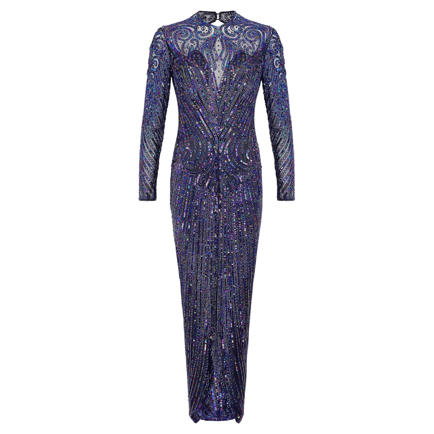1990s Bob Mackie Blue Beaded and Sequinned Dress For Sale