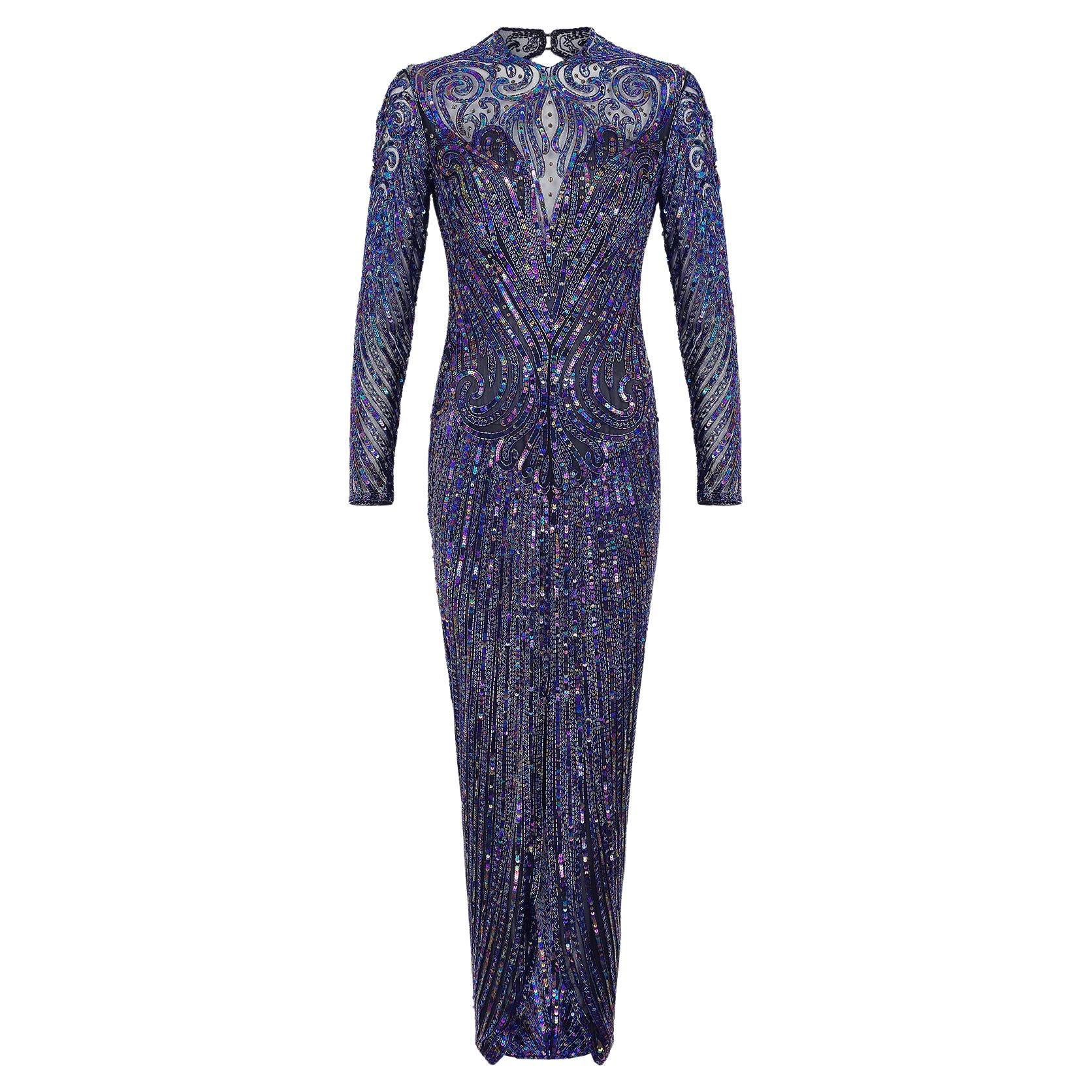 1990s Bob Mackie Blue Beaded and Sequinned Dress