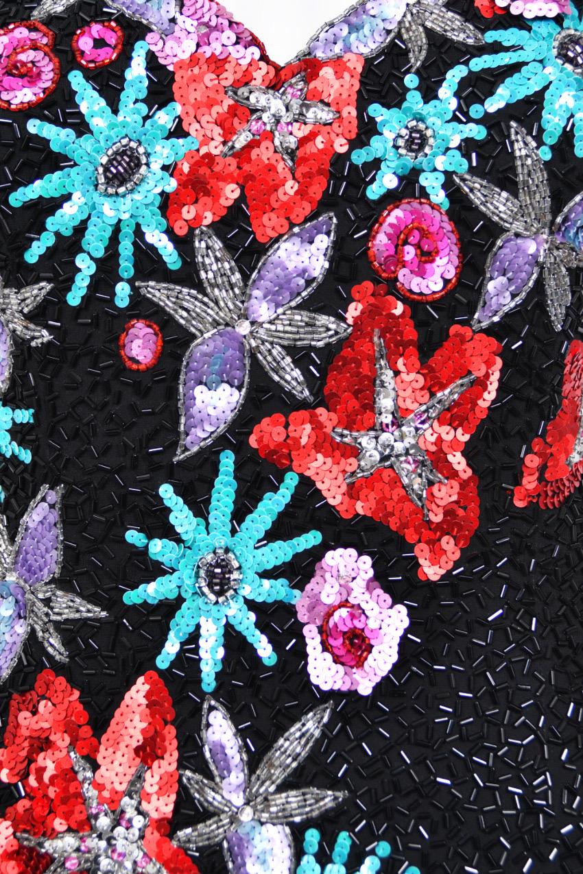 1990's Bob Mackie Fully Beaded Floral Motif Strapless Bustier High-Slit Gown For Sale 5