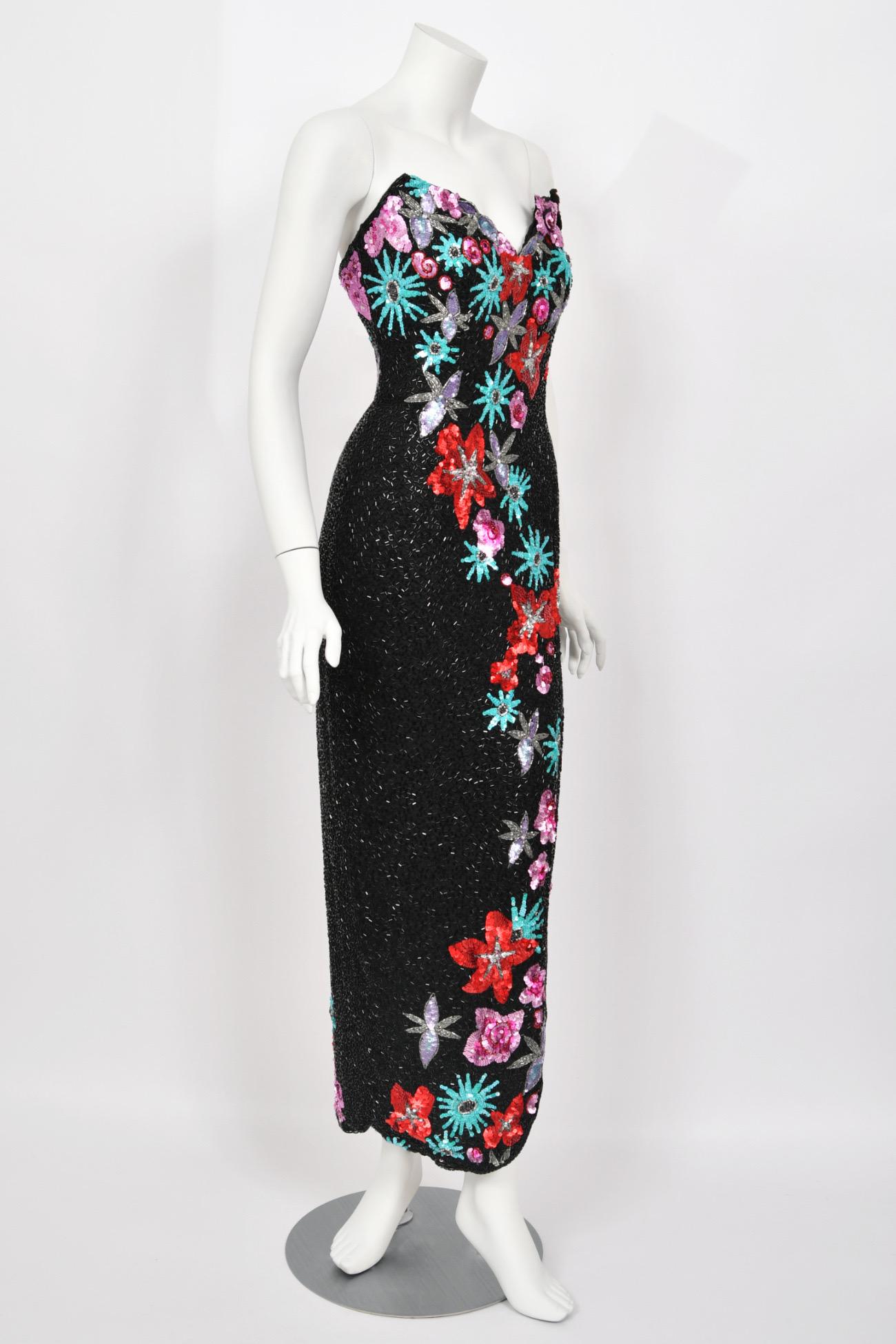 1990's Bob Mackie Fully Beaded Floral Motif Strapless Bustier High-Slit Gown For Sale 6