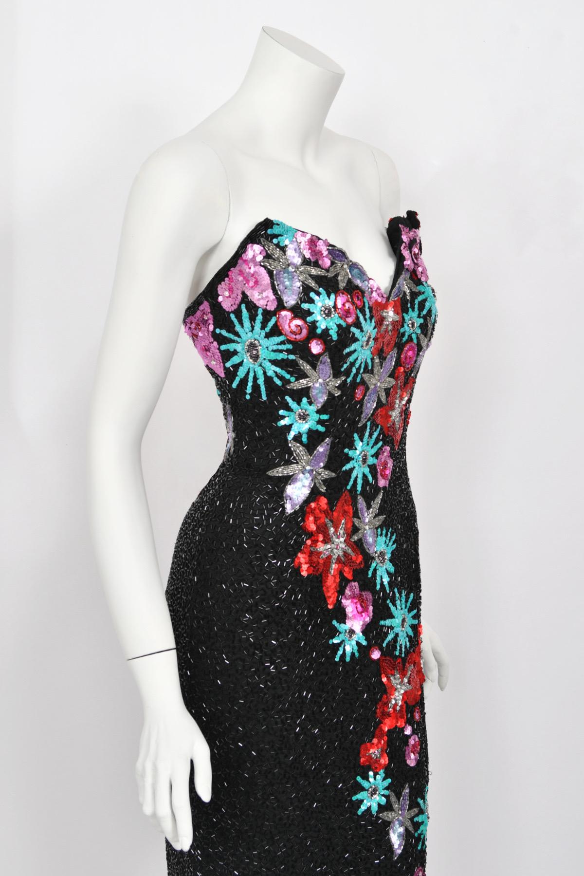 1990's Bob Mackie Fully Beaded Floral Motif Strapless Bustier High-Slit Gown For Sale 7