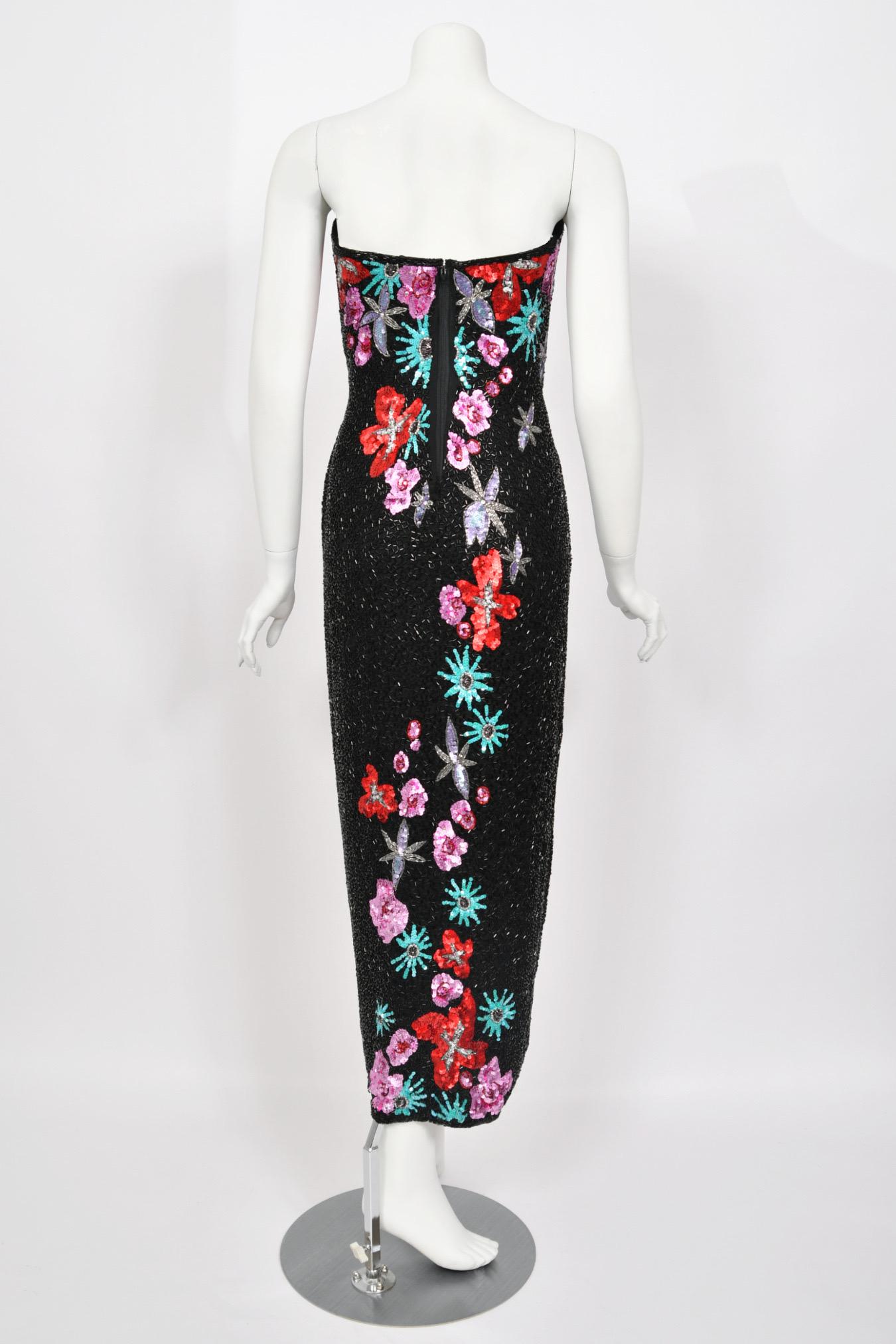 1990's Bob Mackie Fully Beaded Floral Motif Strapless Bustier High-Slit Gown For Sale 8