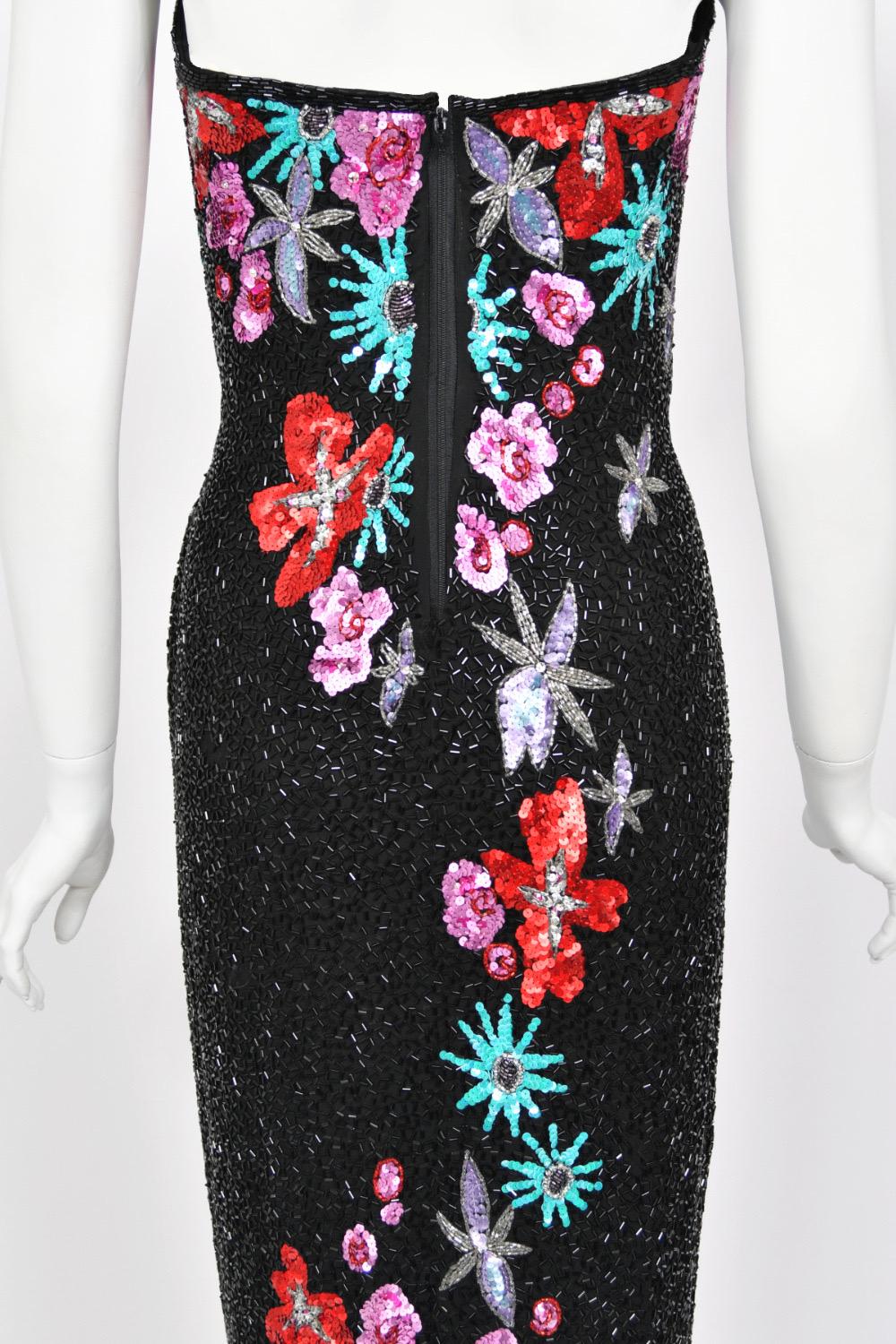 1990's Bob Mackie Fully Beaded Floral Motif Strapless Bustier High-Slit Gown For Sale 9