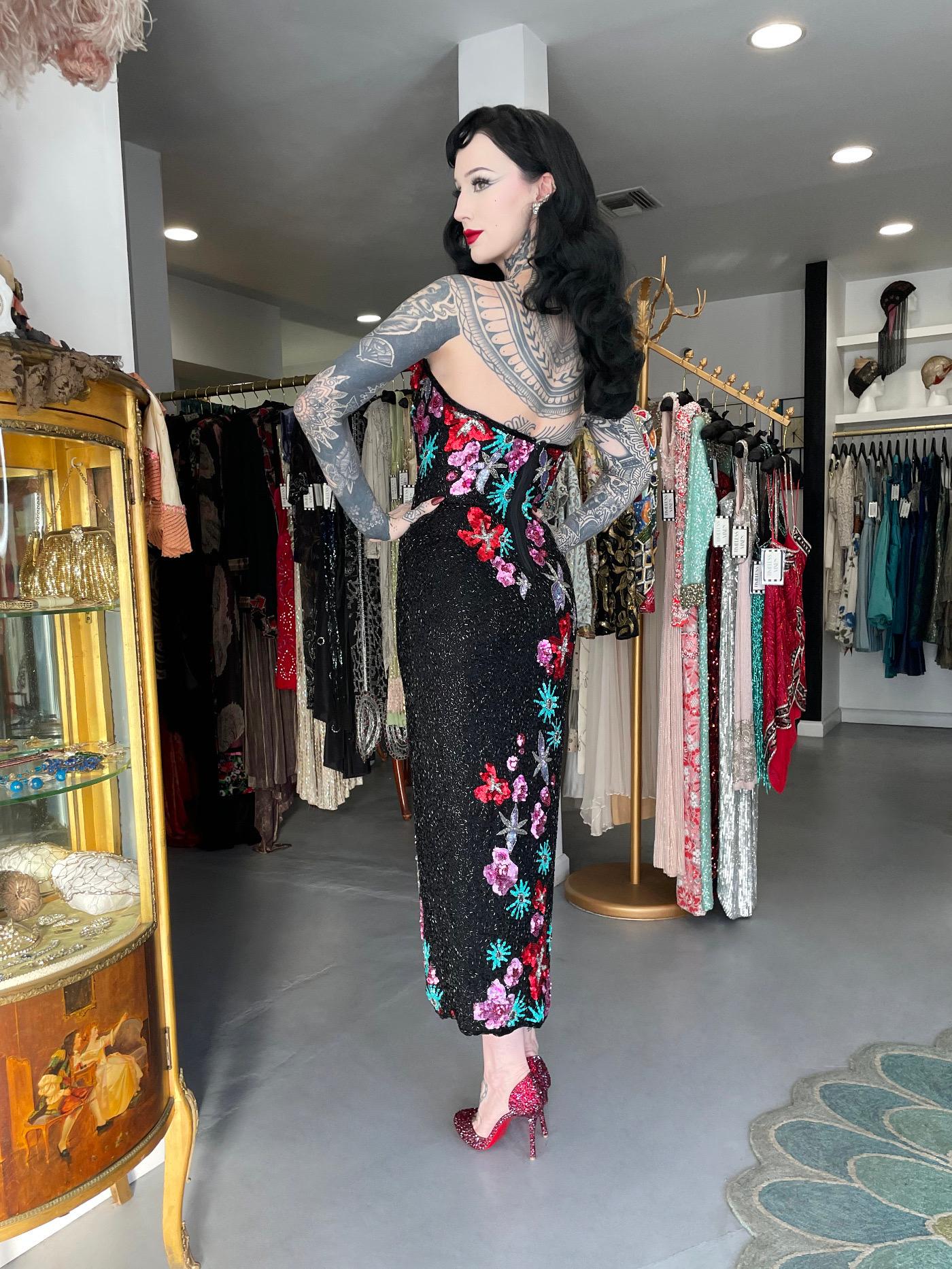 1990's Bob Mackie Fully Beaded Floral Motif Strapless Bustier High-Slit Gown For Sale 11