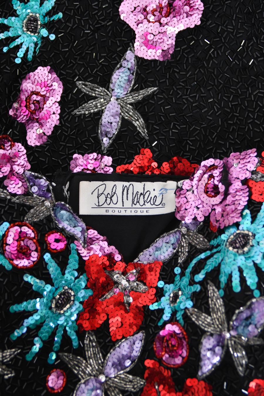 1990's Bob Mackie Fully Beaded Floral Motif Strapless Bustier High-Slit Gown For Sale 12