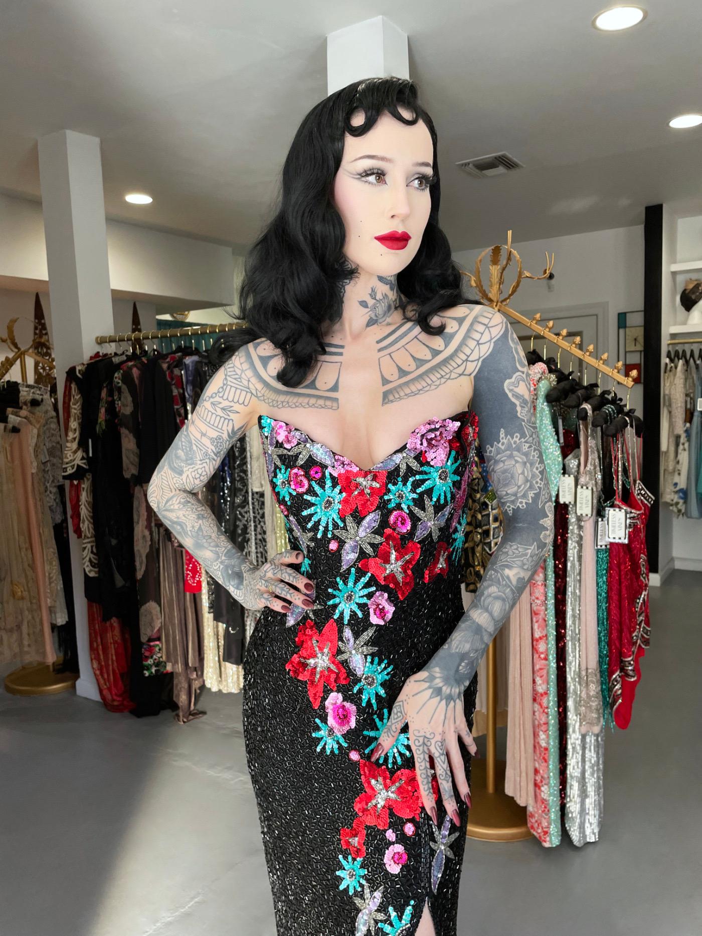 Gray 1990's Bob Mackie Fully Beaded Floral Motif Strapless Bustier High-Slit Gown For Sale