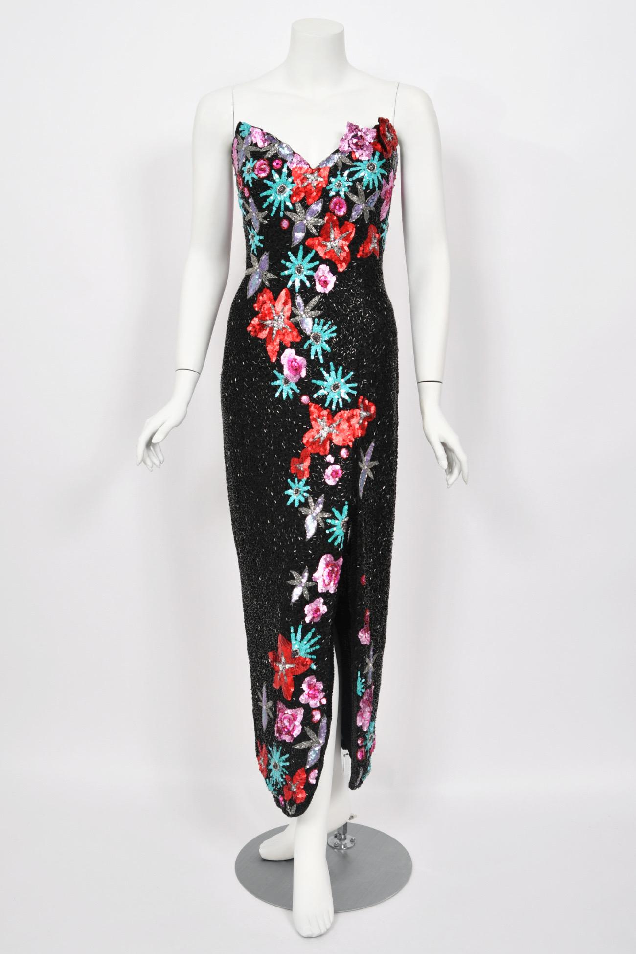 Women's 1990's Bob Mackie Fully Beaded Floral Motif Strapless Bustier High-Slit Gown For Sale