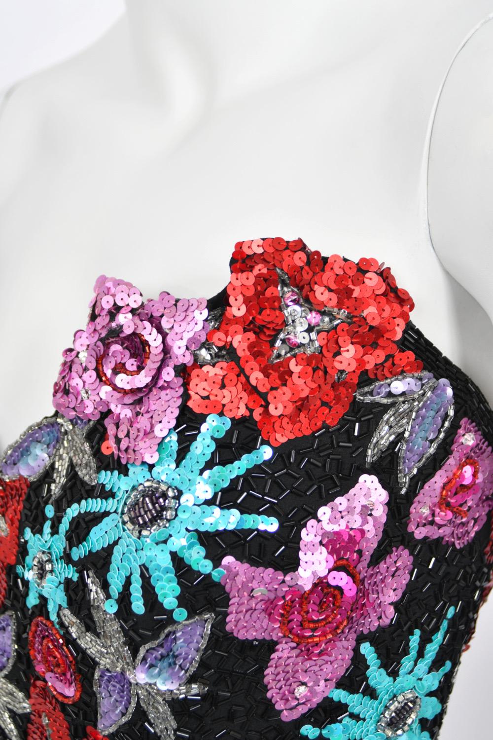 1990's Bob Mackie Fully Beaded Floral Motif Strapless Bustier High-Slit Gown For Sale 2