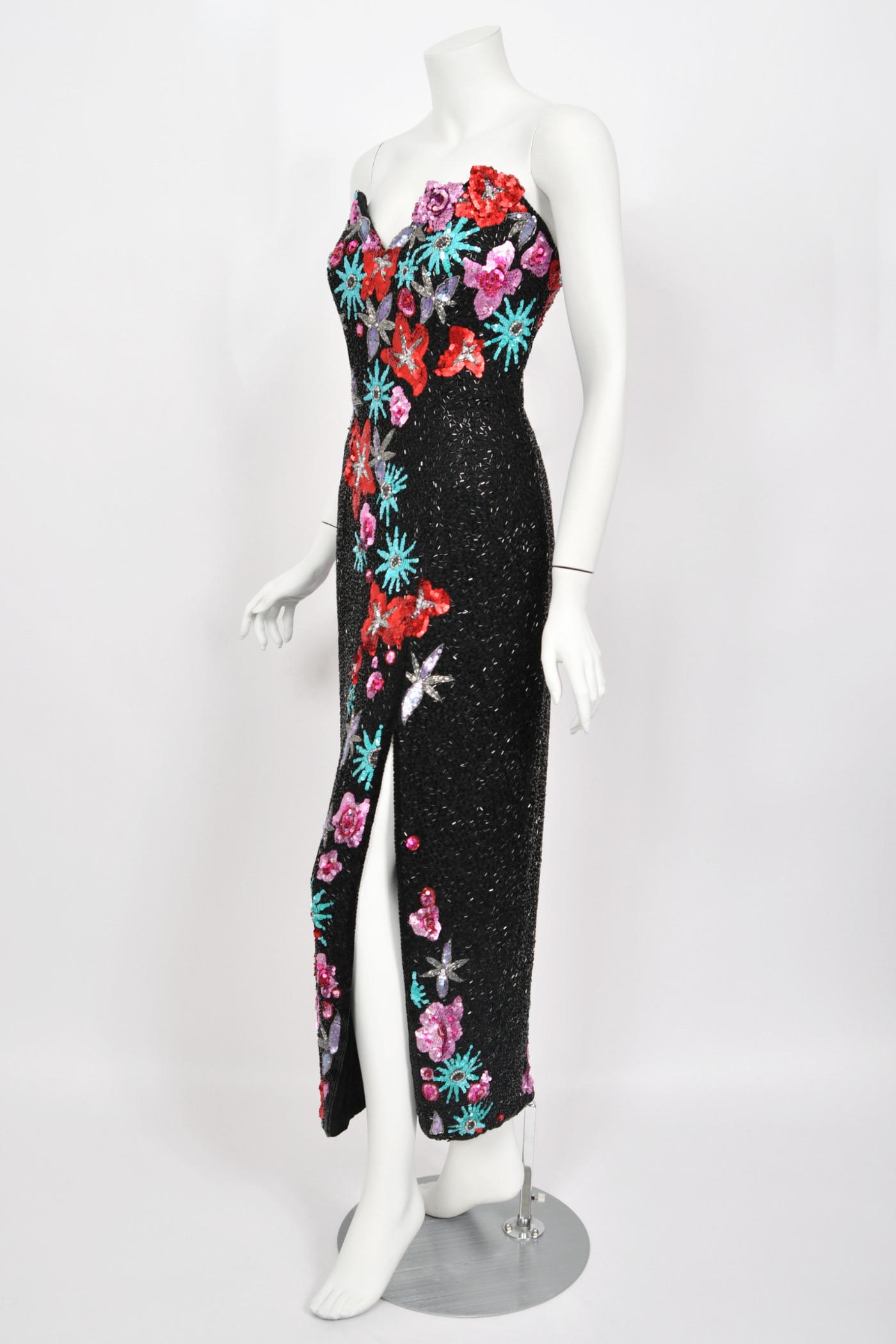 1990's Bob Mackie Fully Beaded Floral Motif Strapless Bustier High-Slit Gown For Sale 3